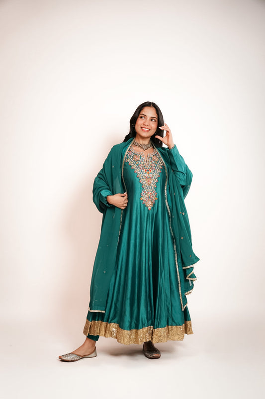Teal embroidered anarkali set