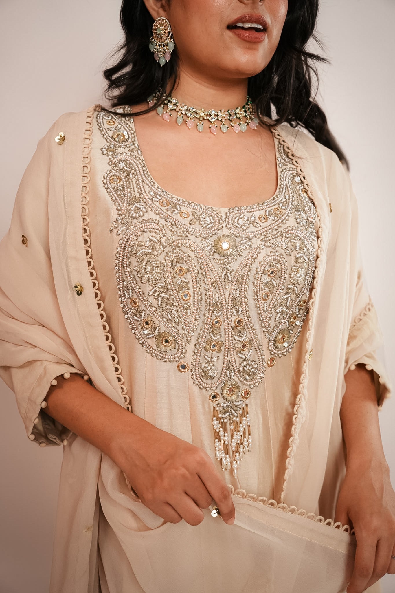 Paisley embroidered ivory anarkali set
