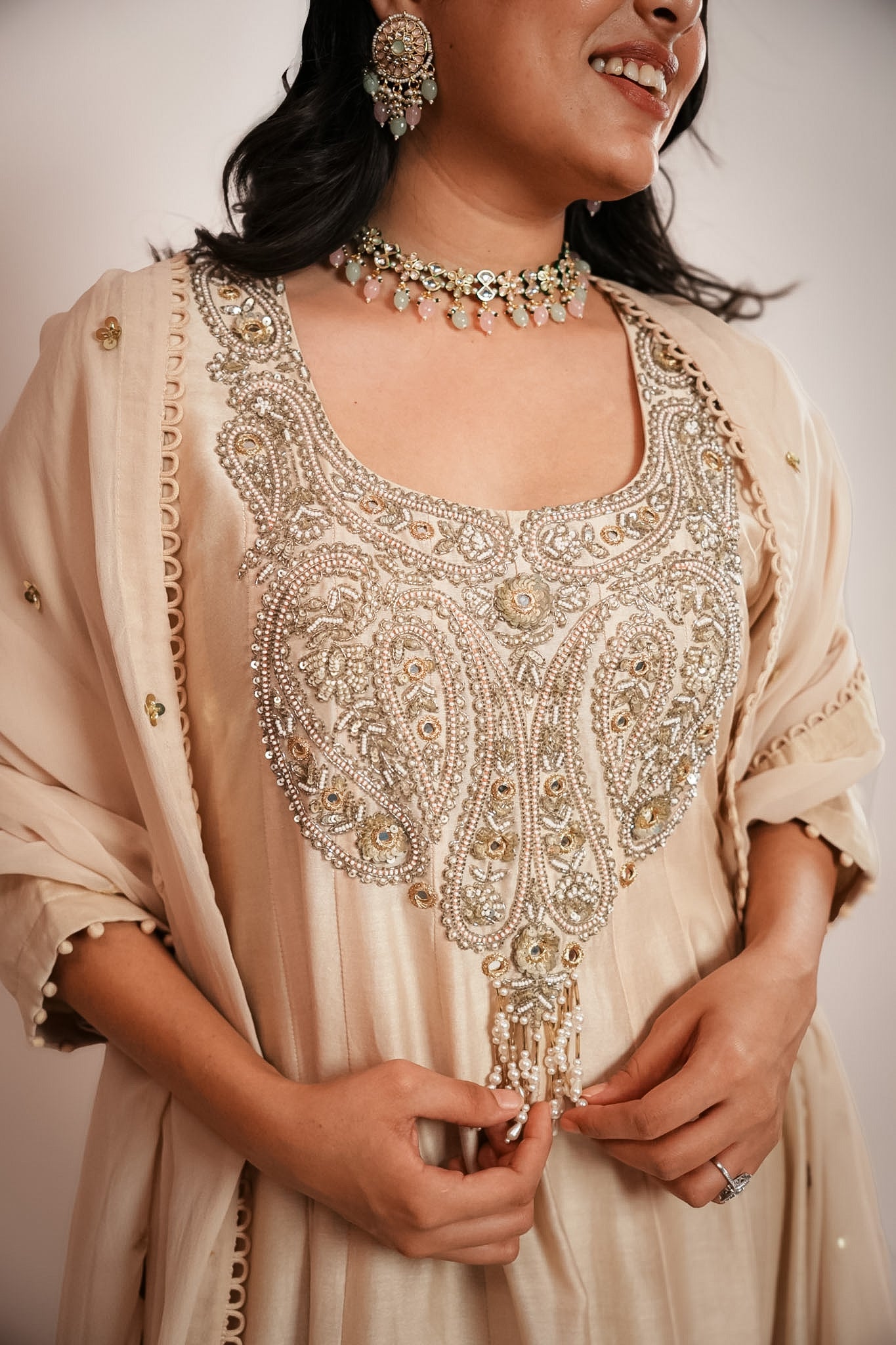 Paisley embroidered ivory anarkali set