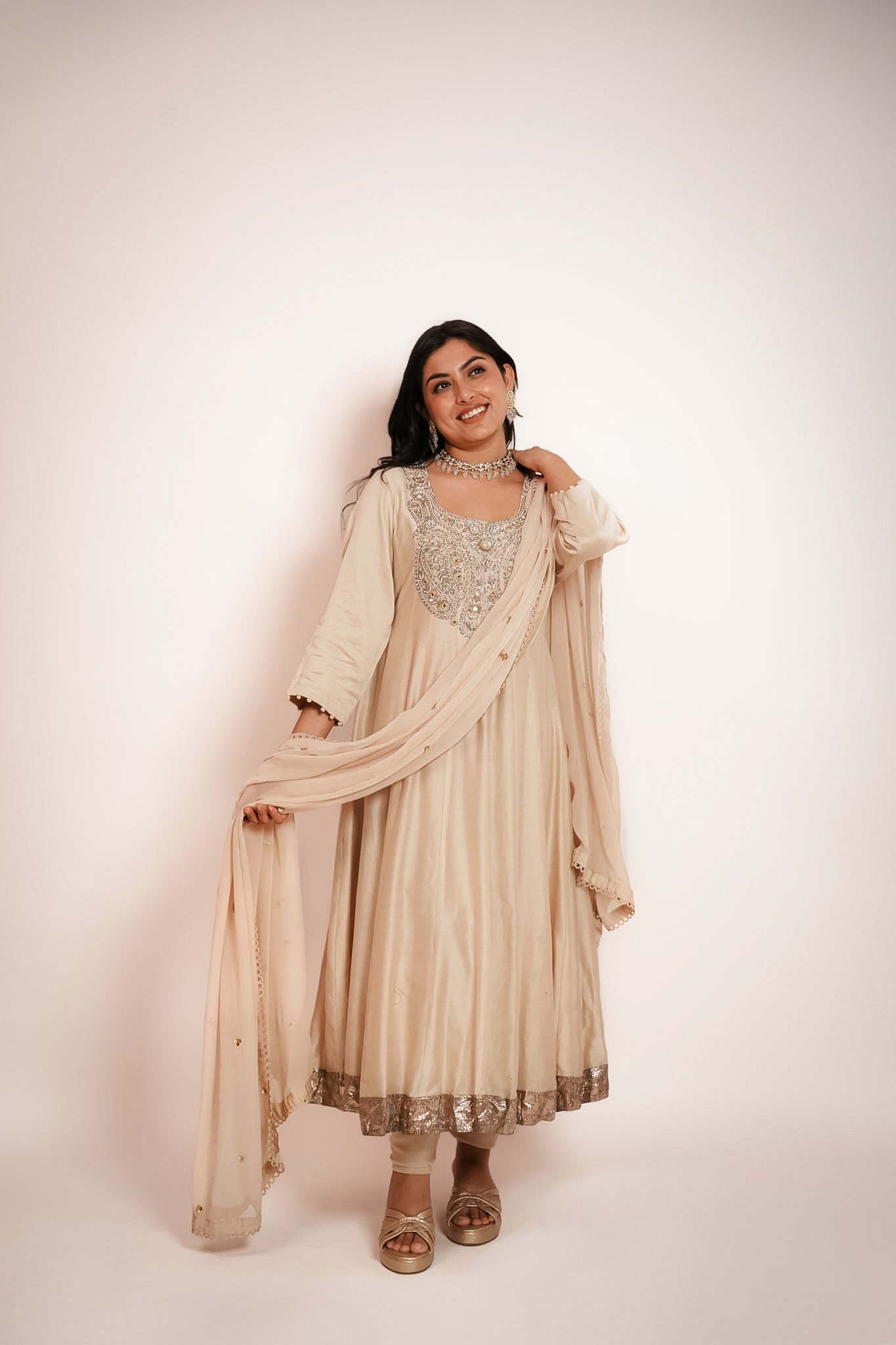 Paisley embroidered ivory anarkali set