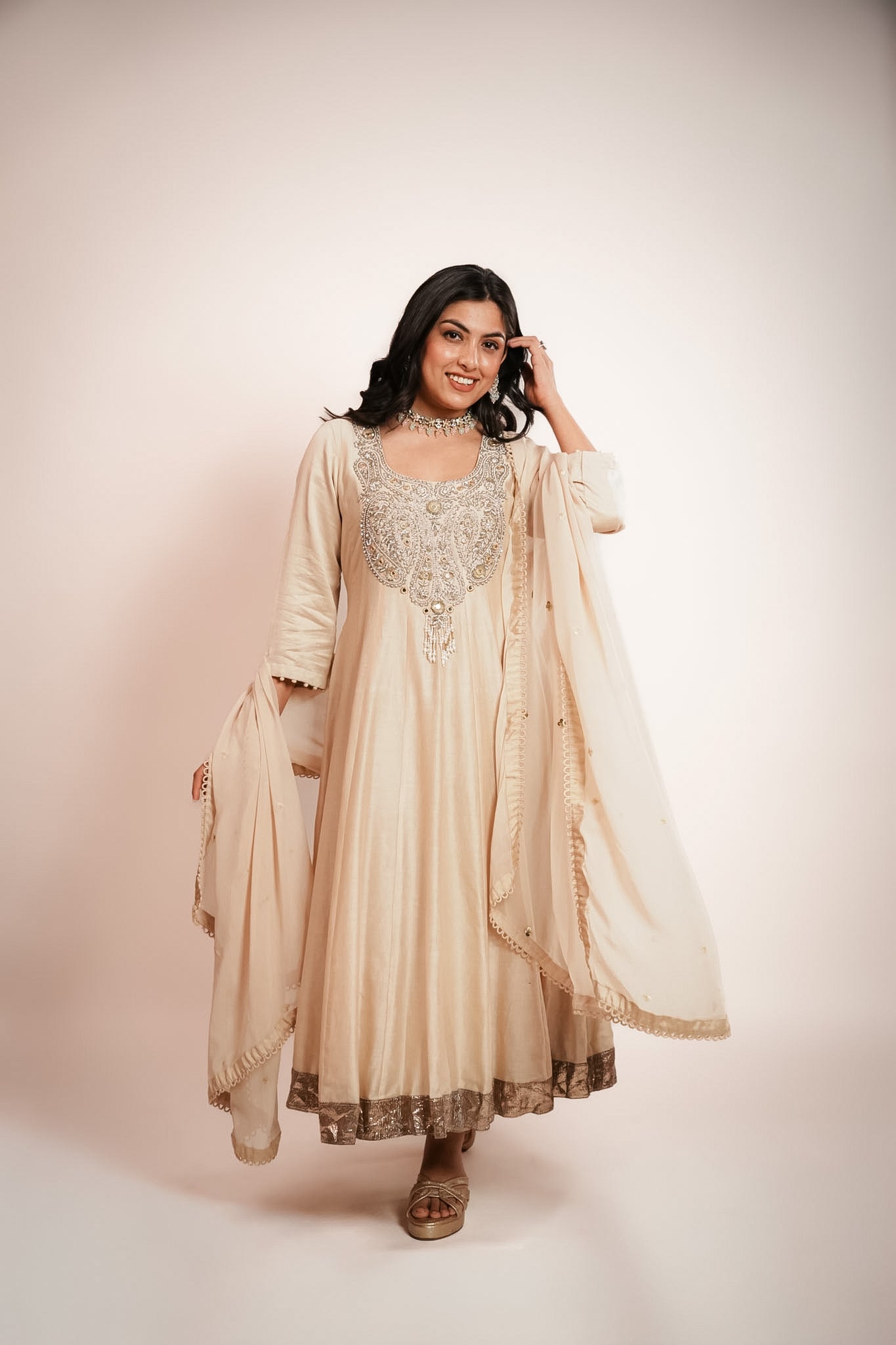 Paisley embroidered ivory anarkali set