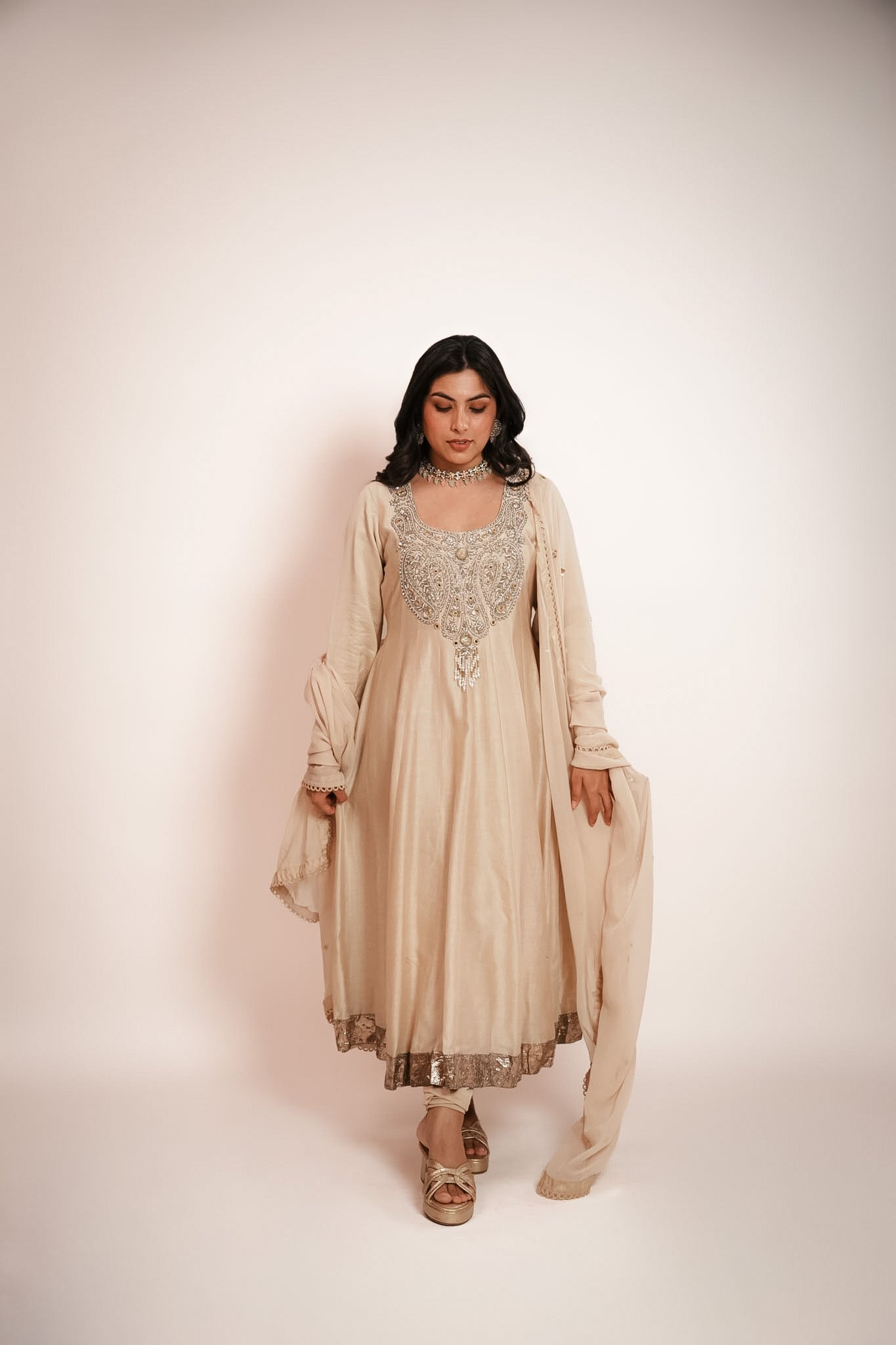 Paisley embroidered ivory anarkali set