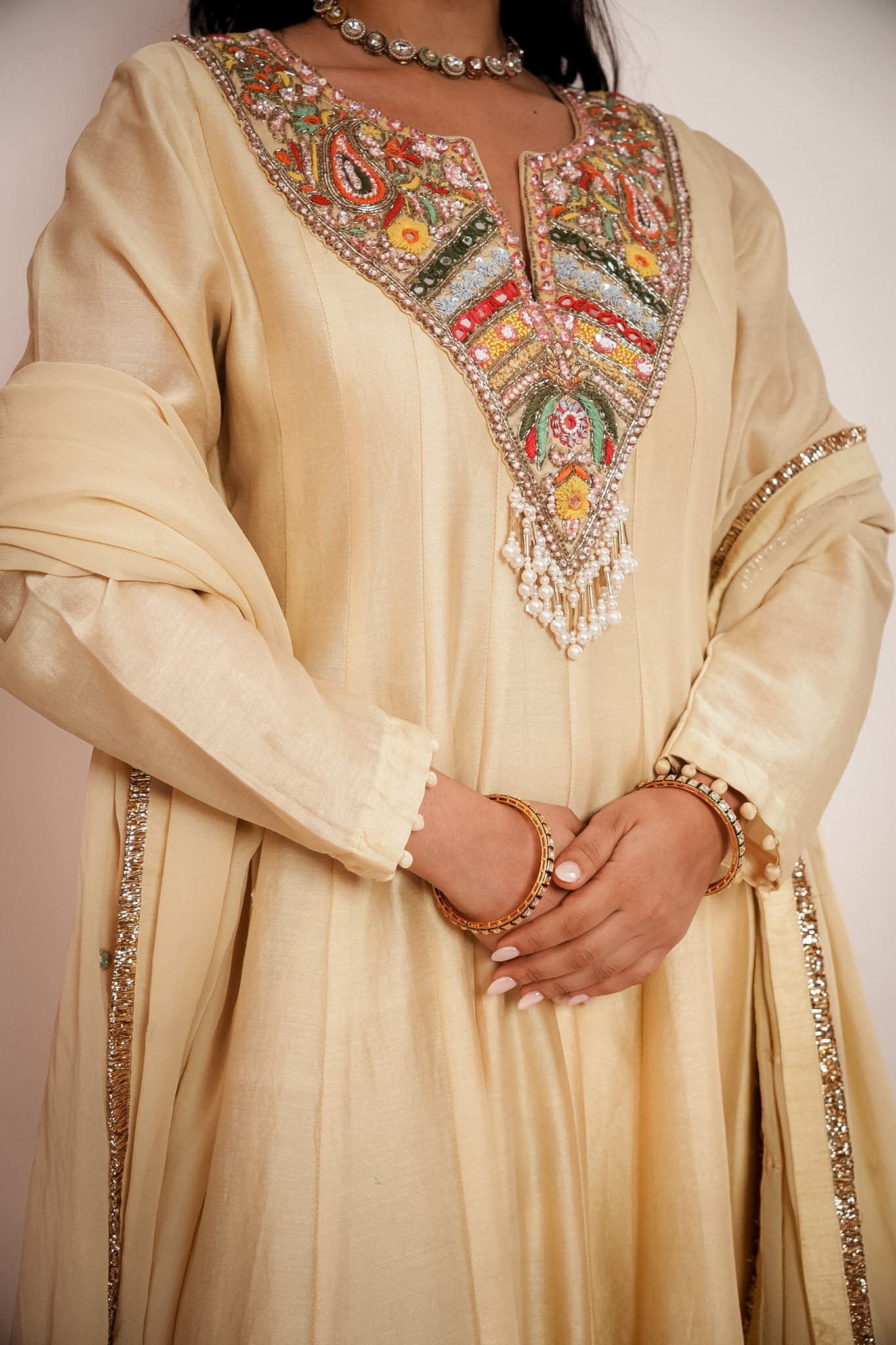 Ivory embroidered anarkali set