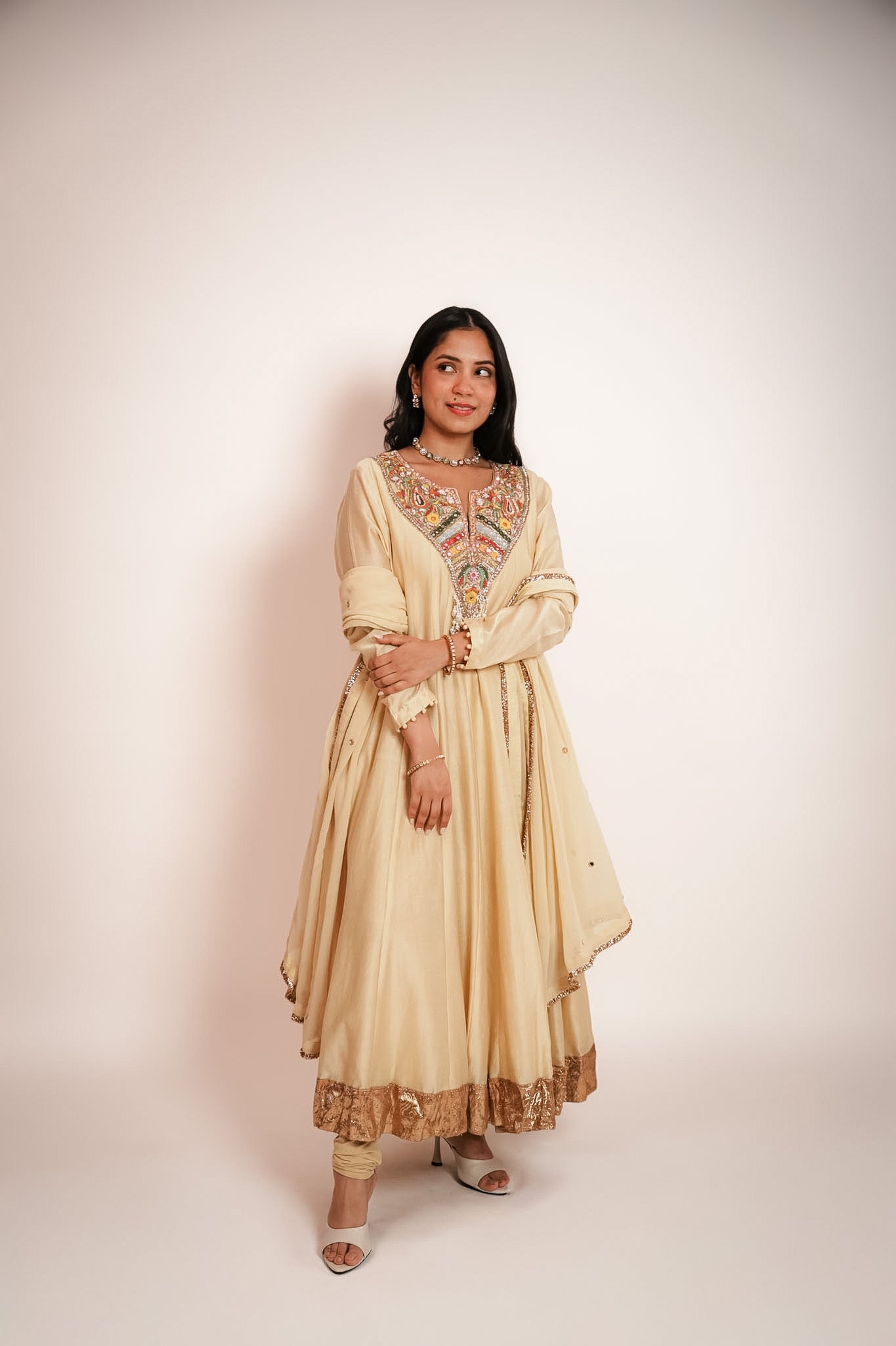 Ivory embroidered anarkali set