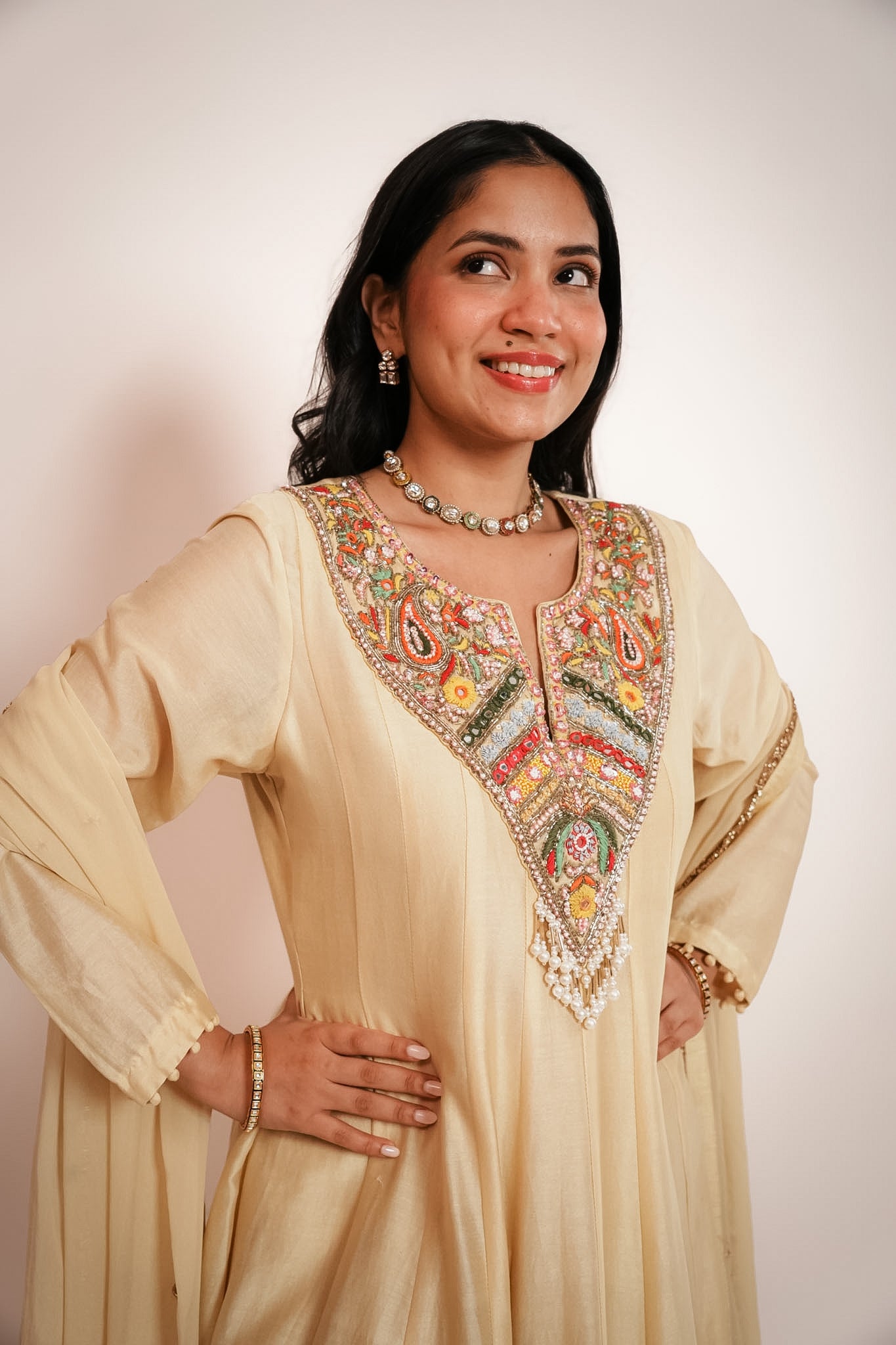 Ivory embroidered anarkali set