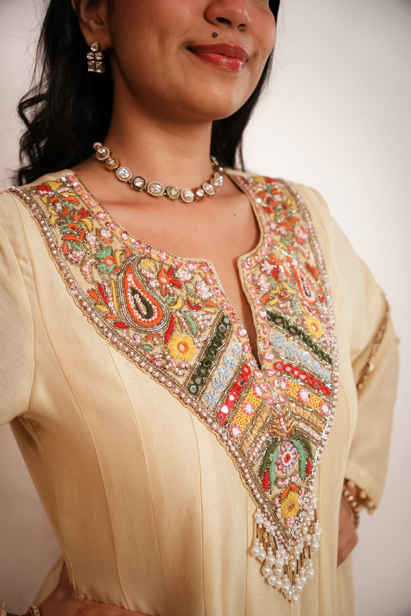 Ivory embroidered anarkali set