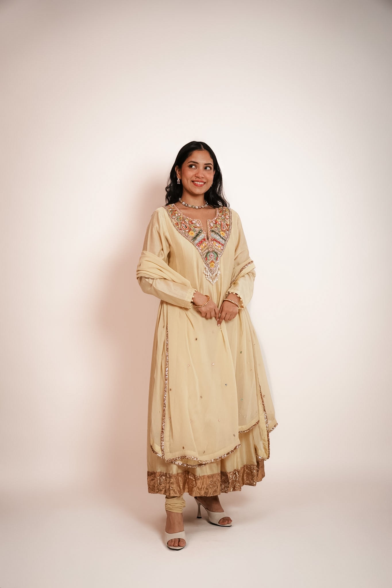 Ivory embroidered anarkali set