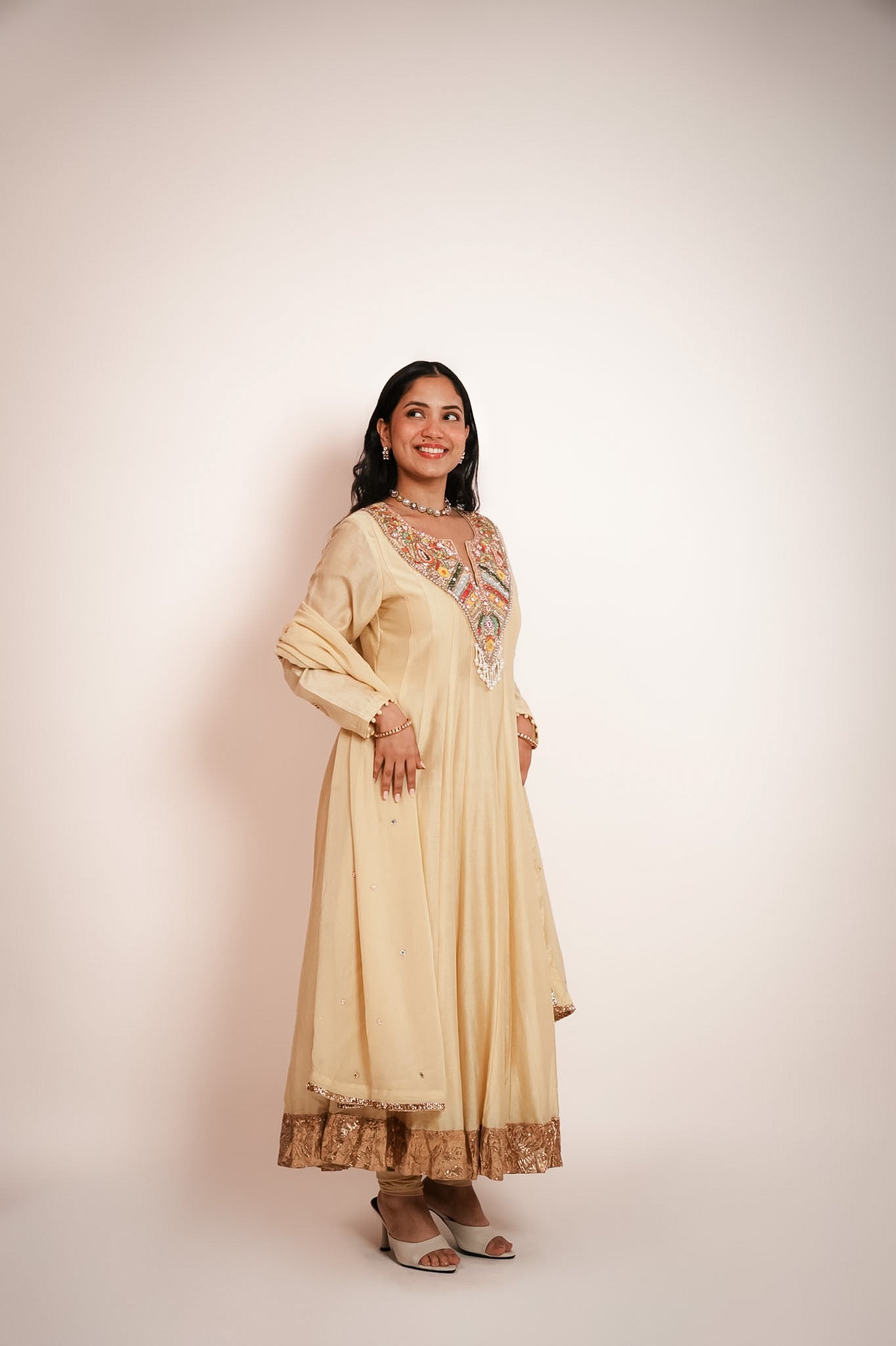 Ivory embroidered anarkali set