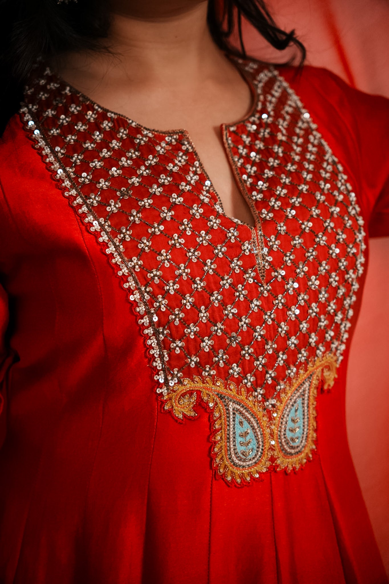 Red embroidered anarkali set