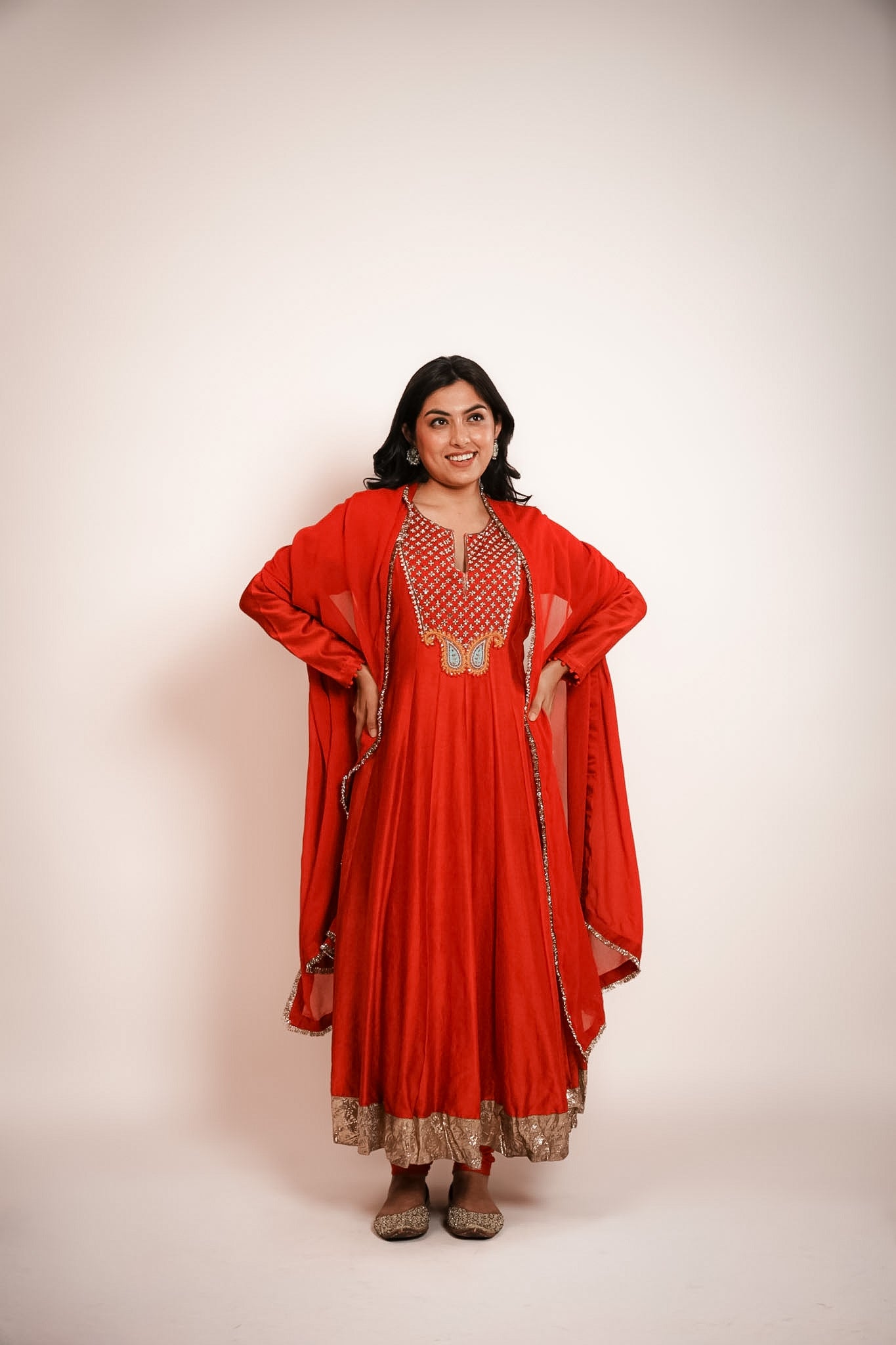 Red embroidered anarkali set