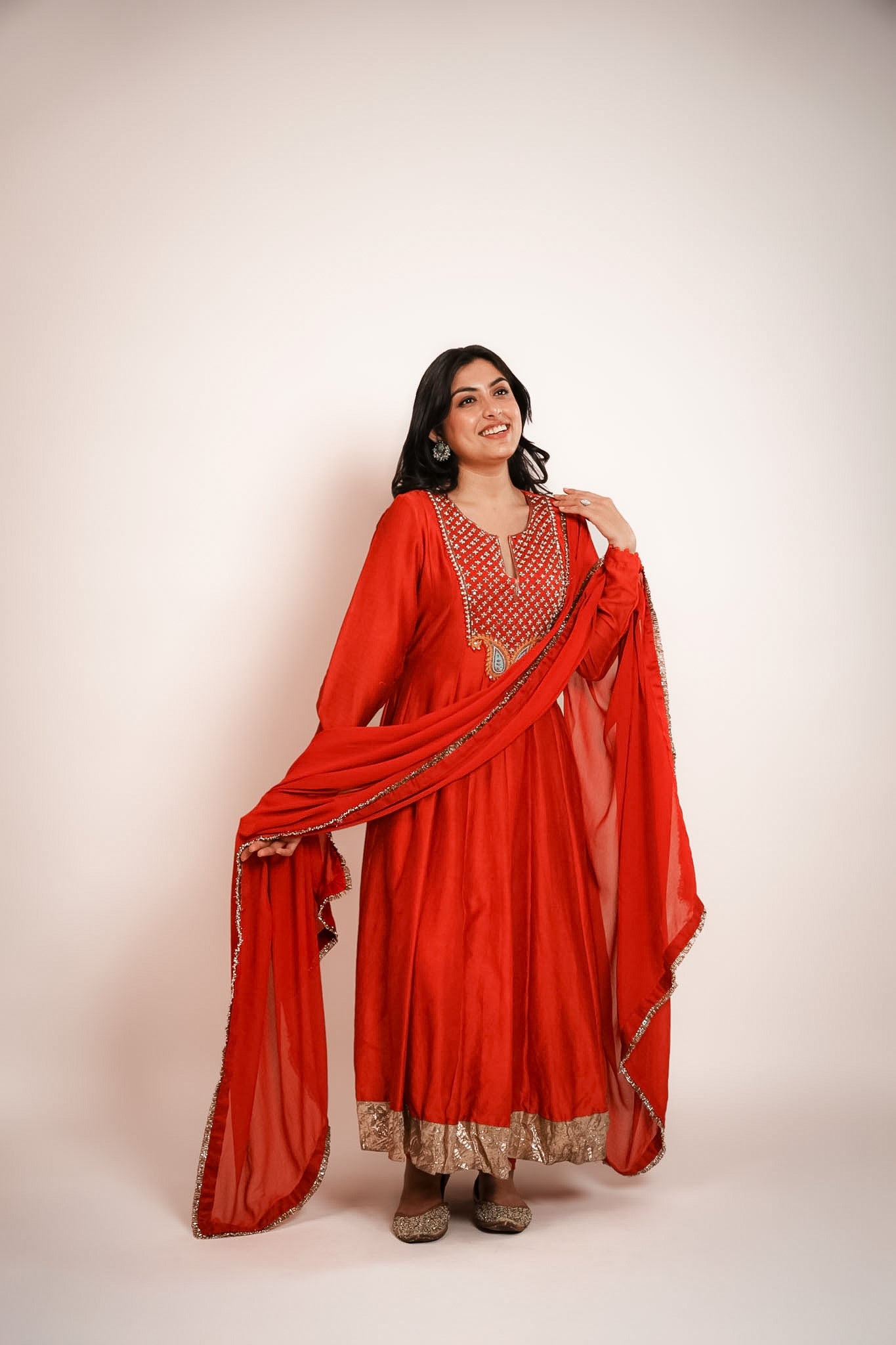 Red embroidered anarkali set
