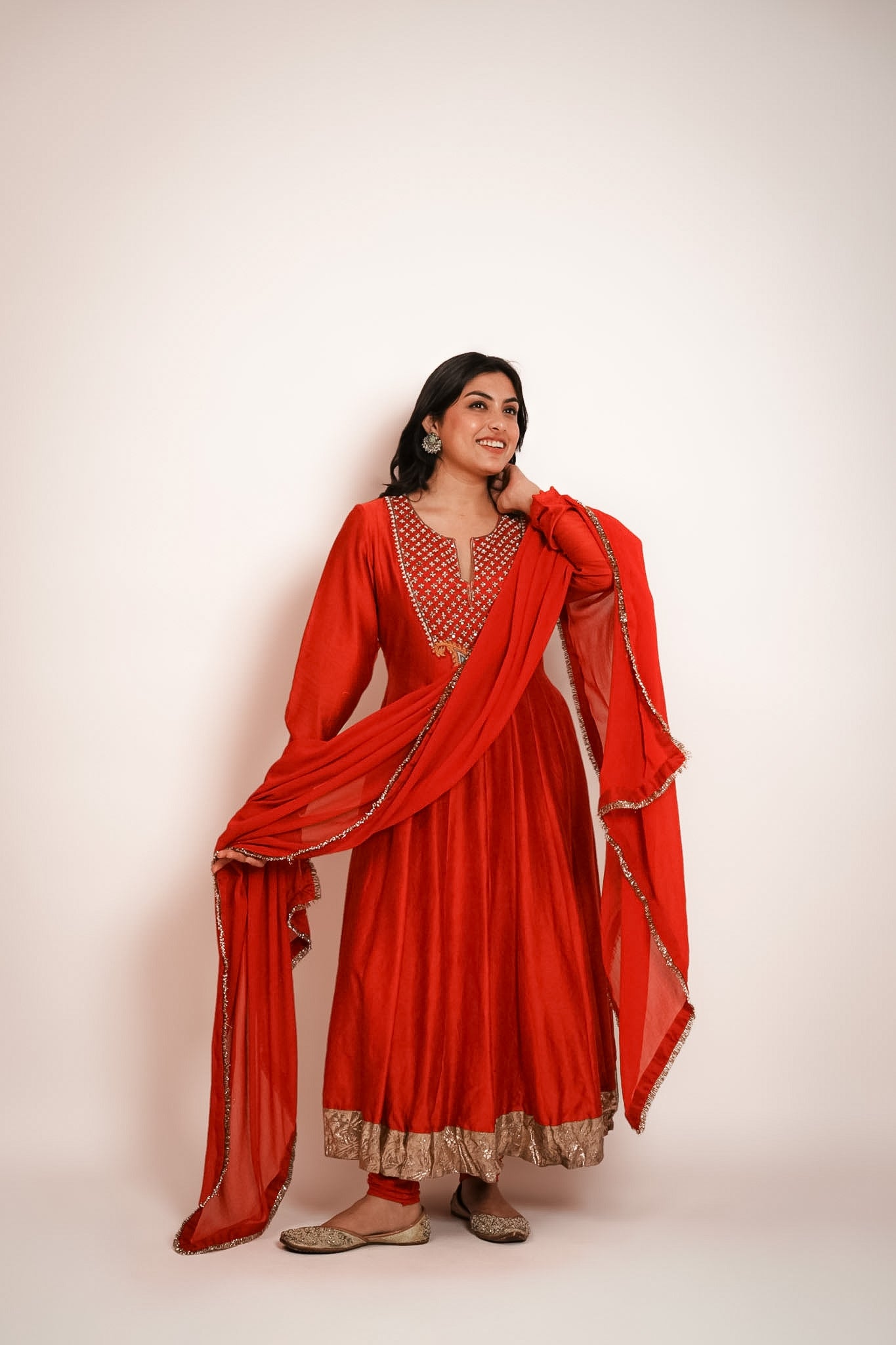 Red embroidered anarkali set
