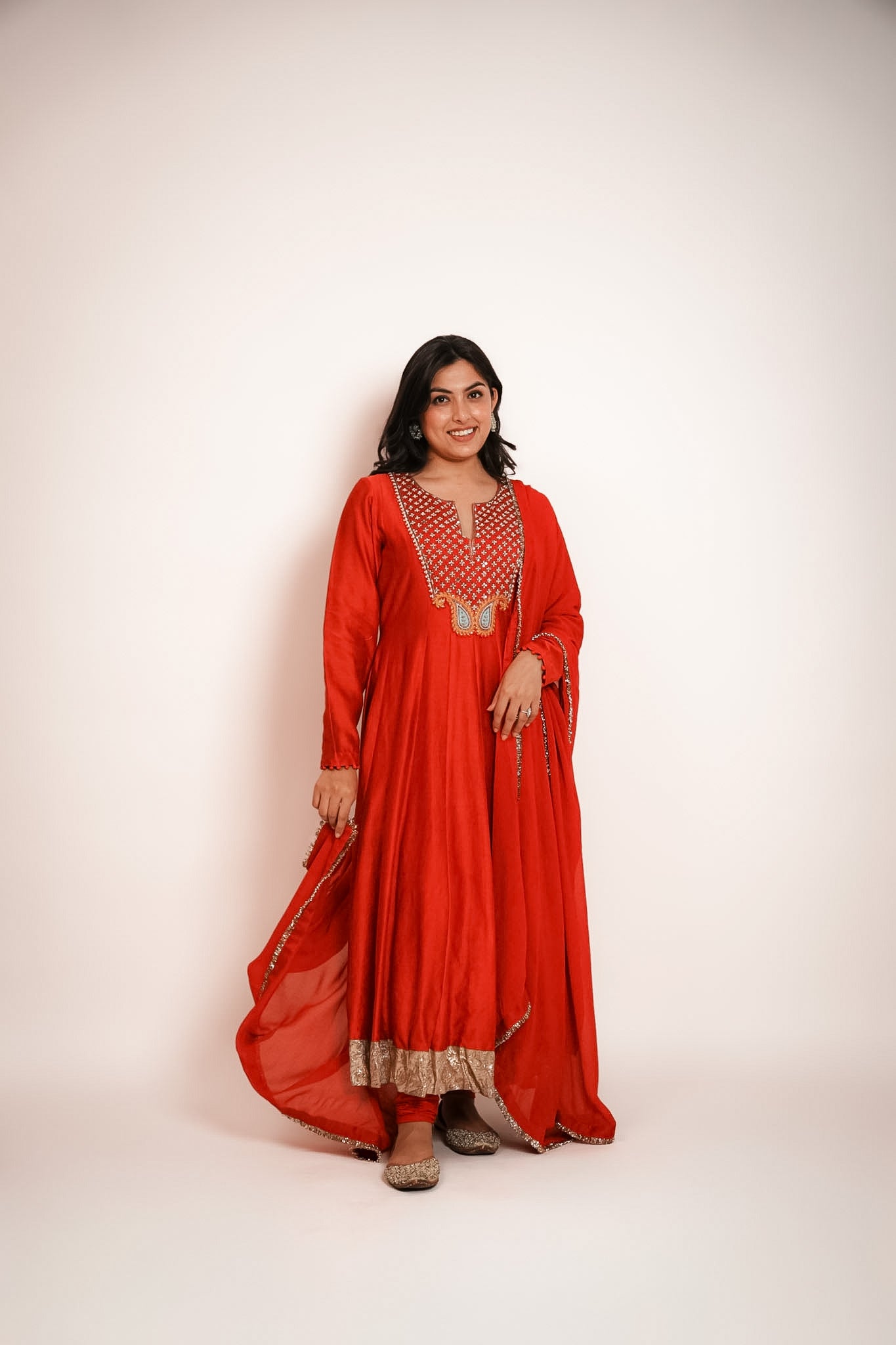 Red embroidered anarkali set