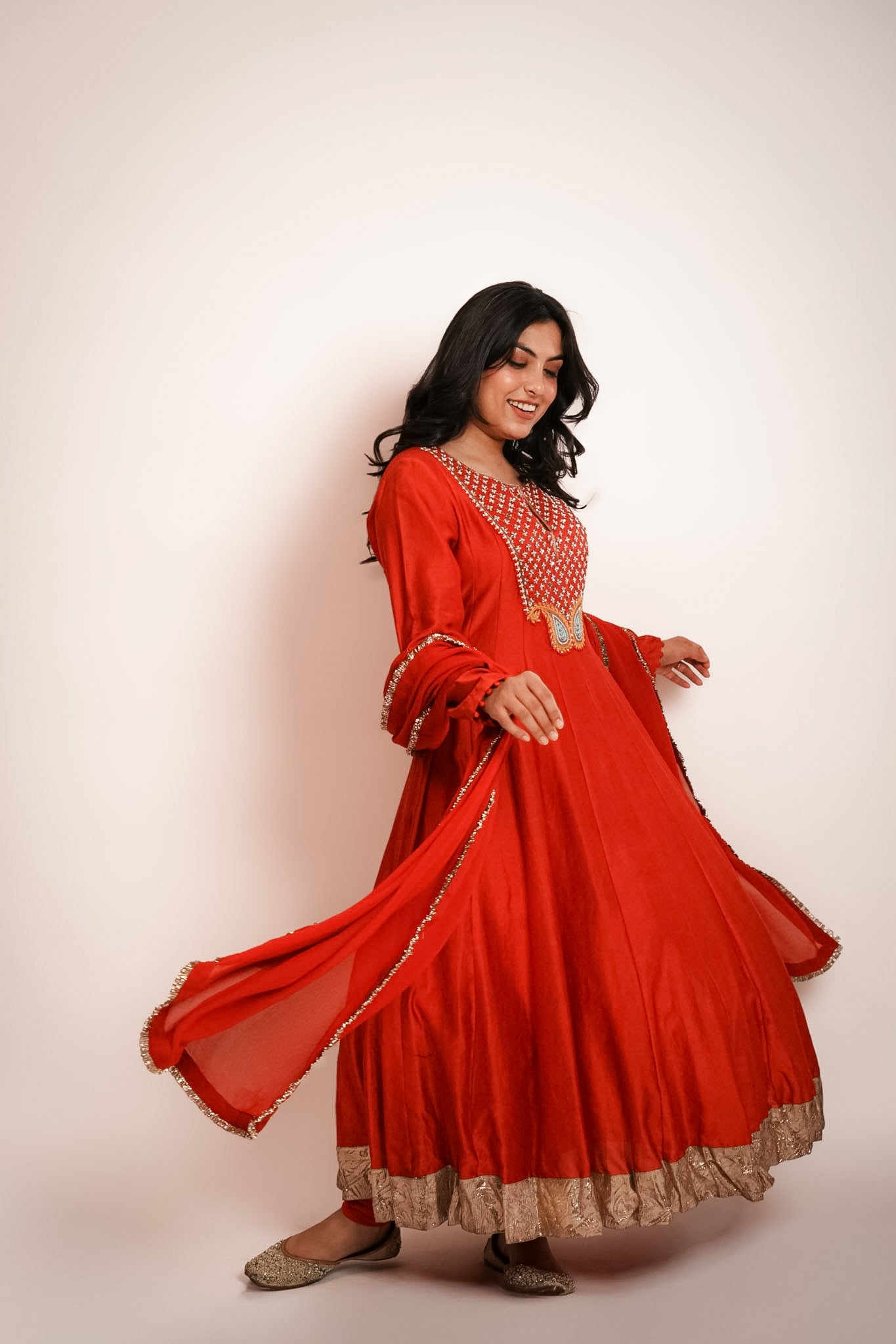 Red embroidered anarkali set