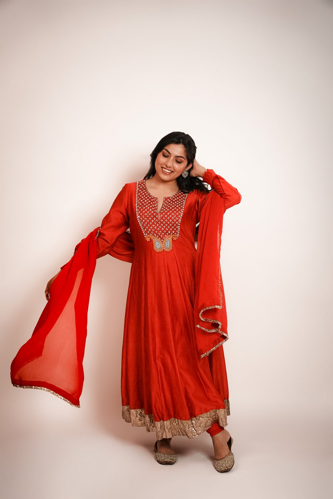 Red embroidered anarkali set