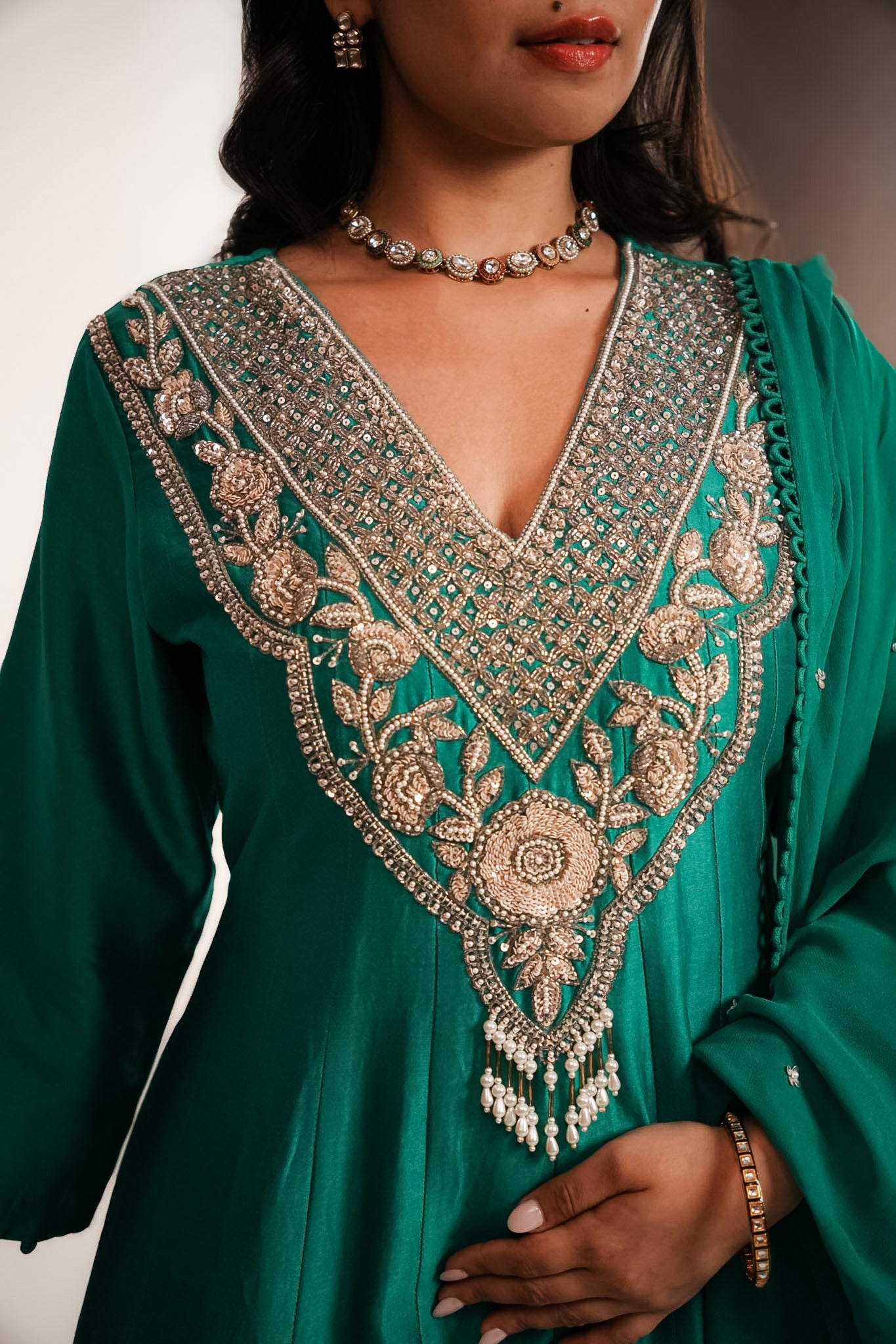 Green embroidered anarkali set