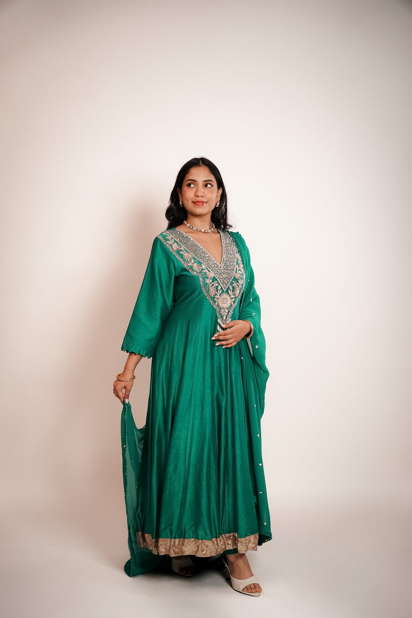 Green embroidered anarkali set