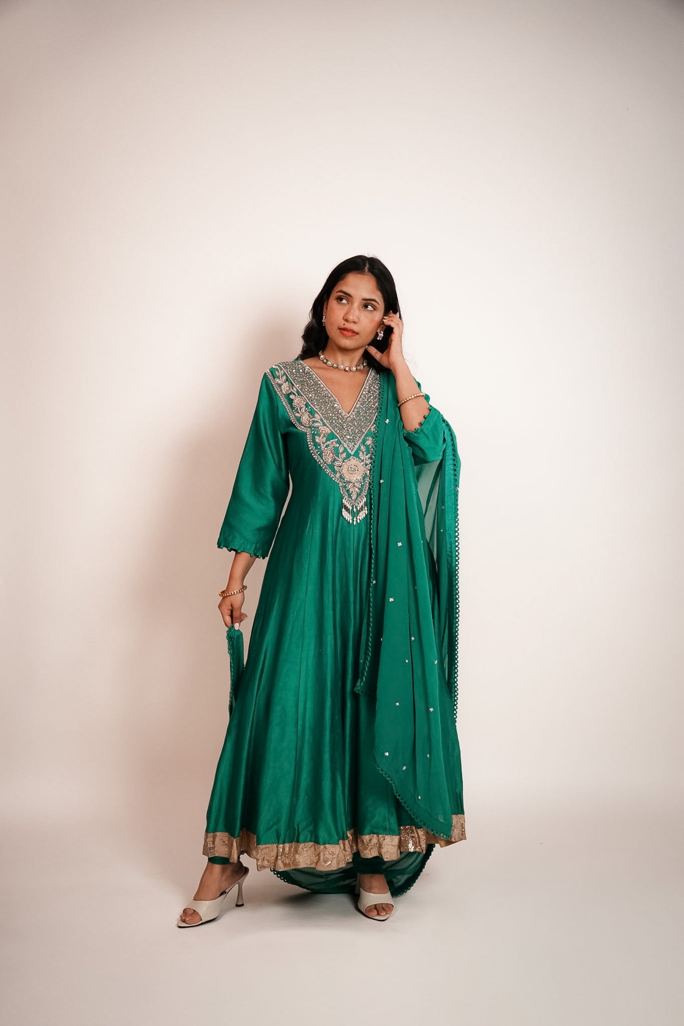 Green embroidered anarkali set