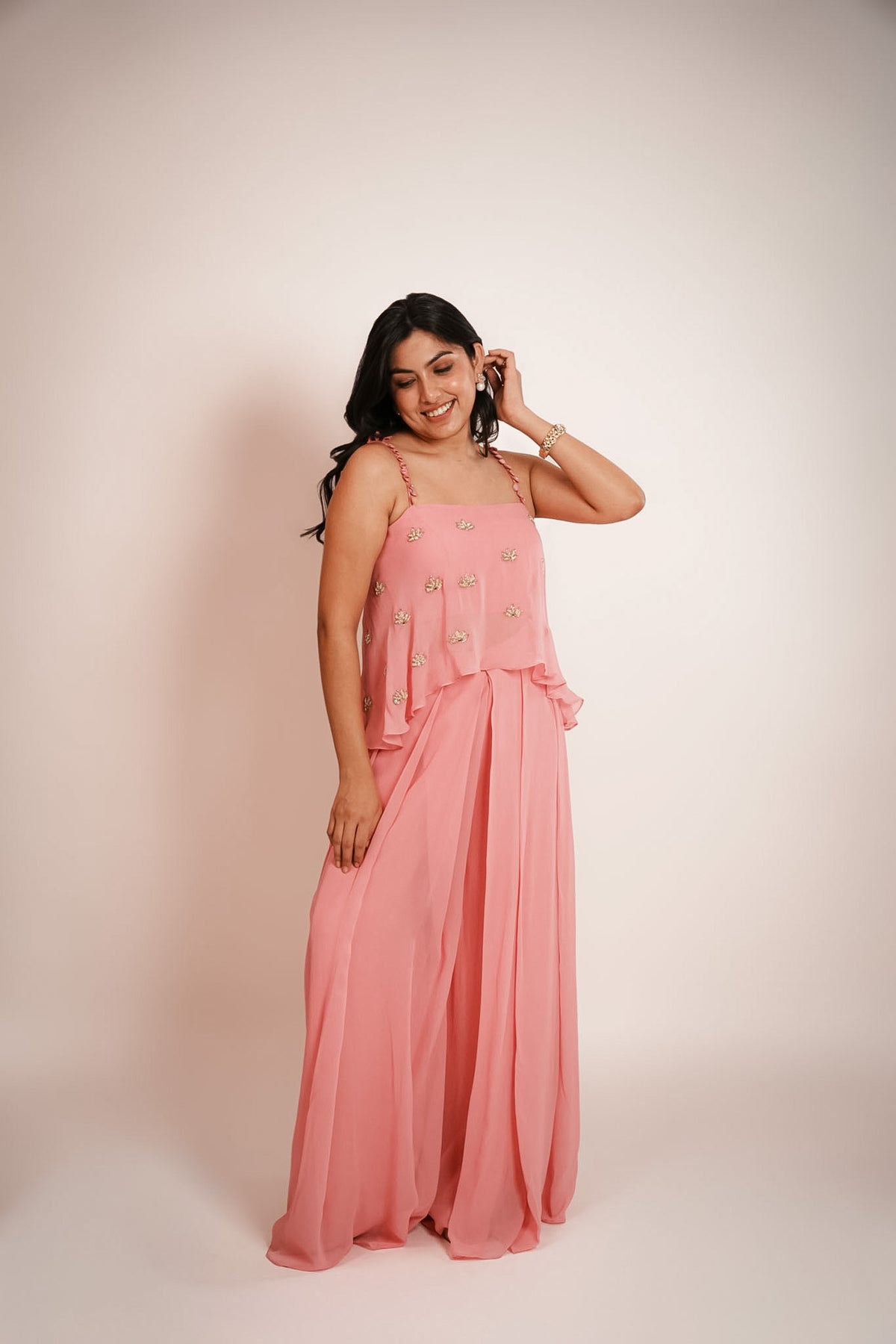 Baby pink embroidered cami & palazzo