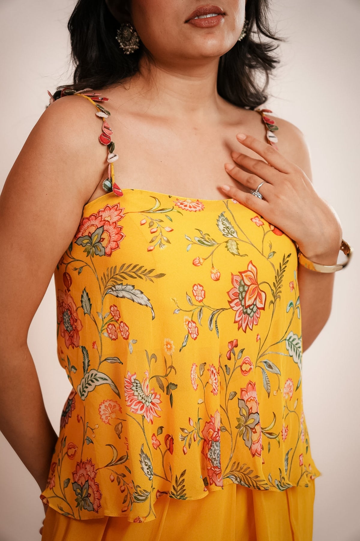 Yellow printed & embroidered cami & palazzo