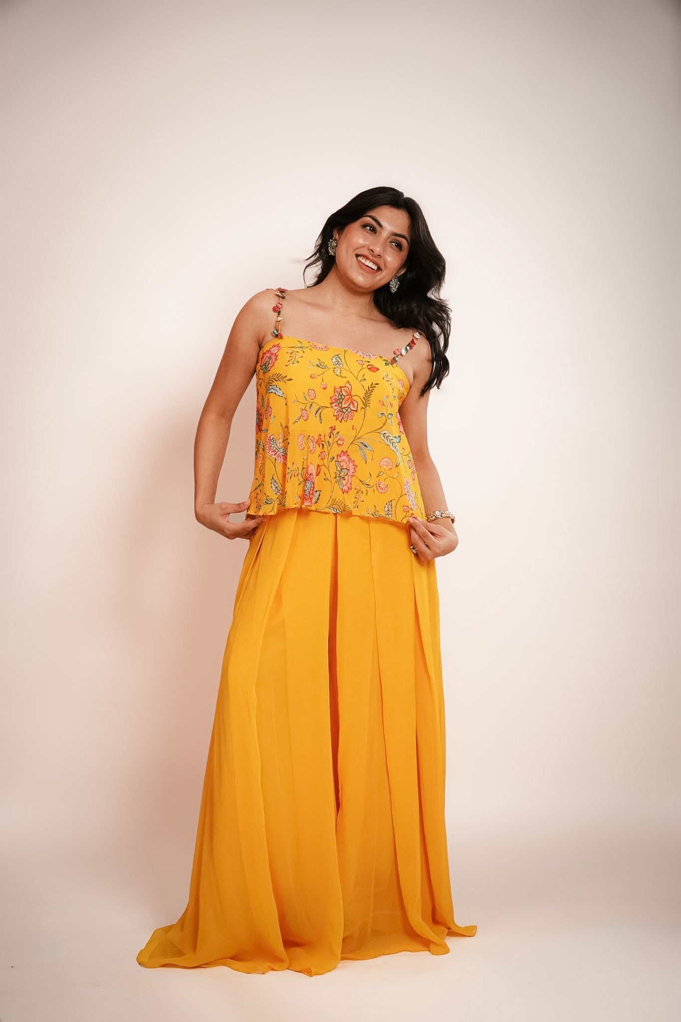 Yellow printed & embroidered cami & palazzo