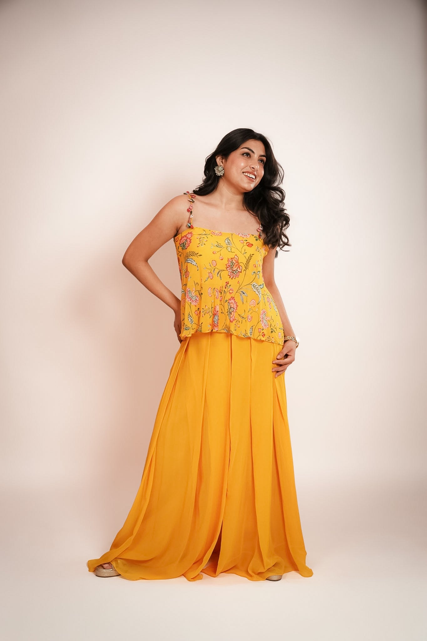 Yellow printed & embroidered cami & palazzo