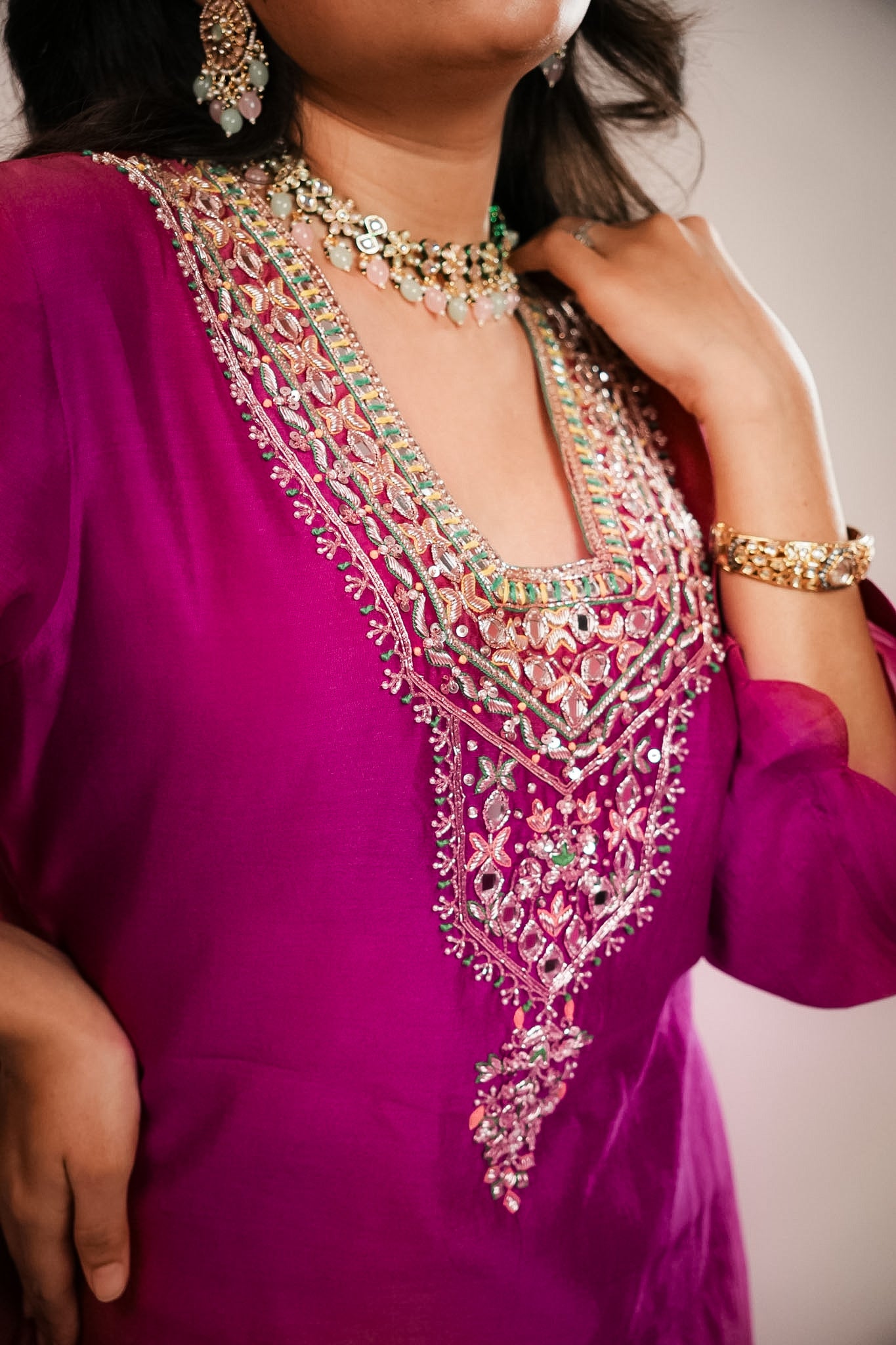 Magenta embroidered farshi set