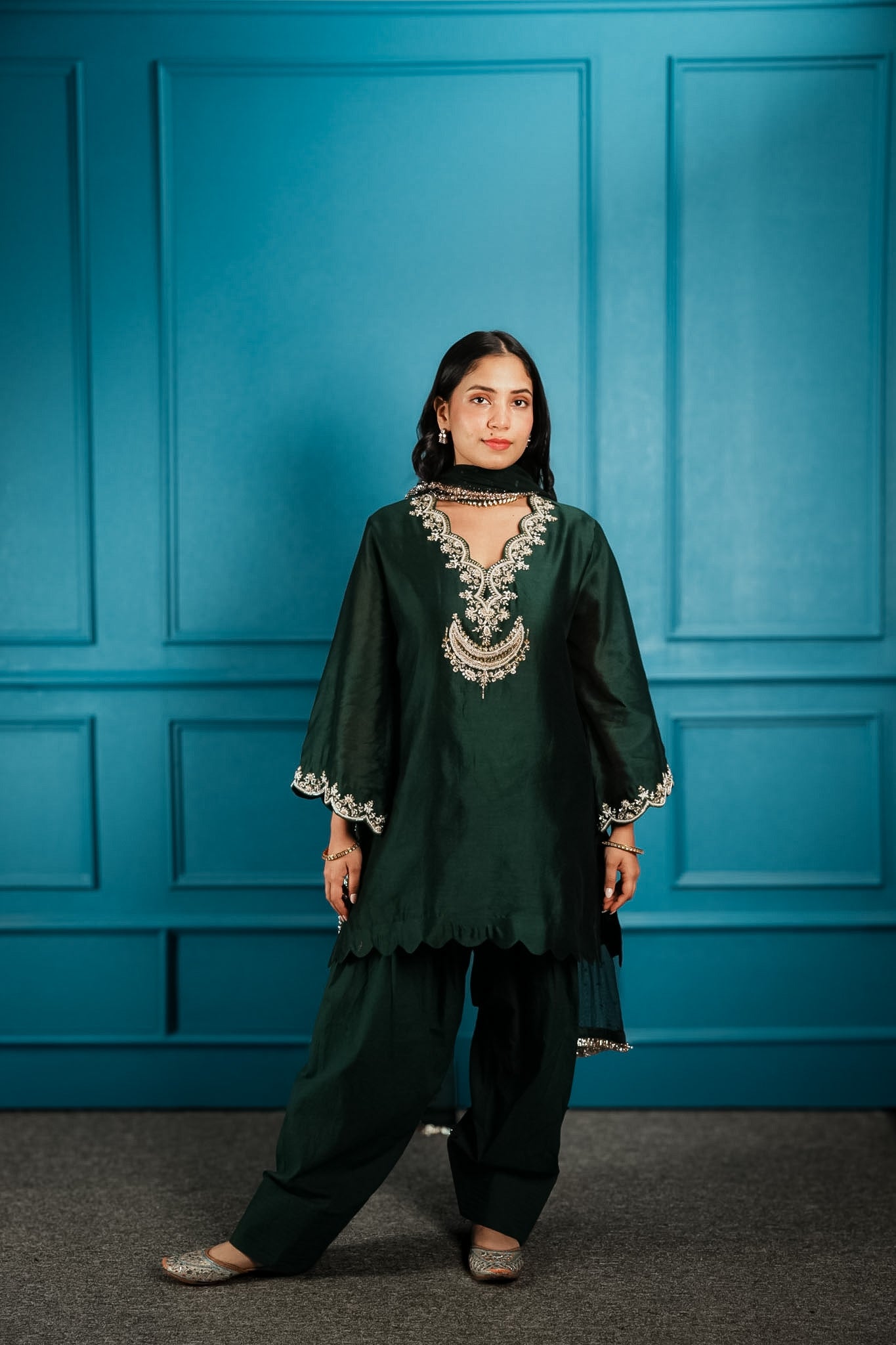 Bottle green embroidered farshi set
