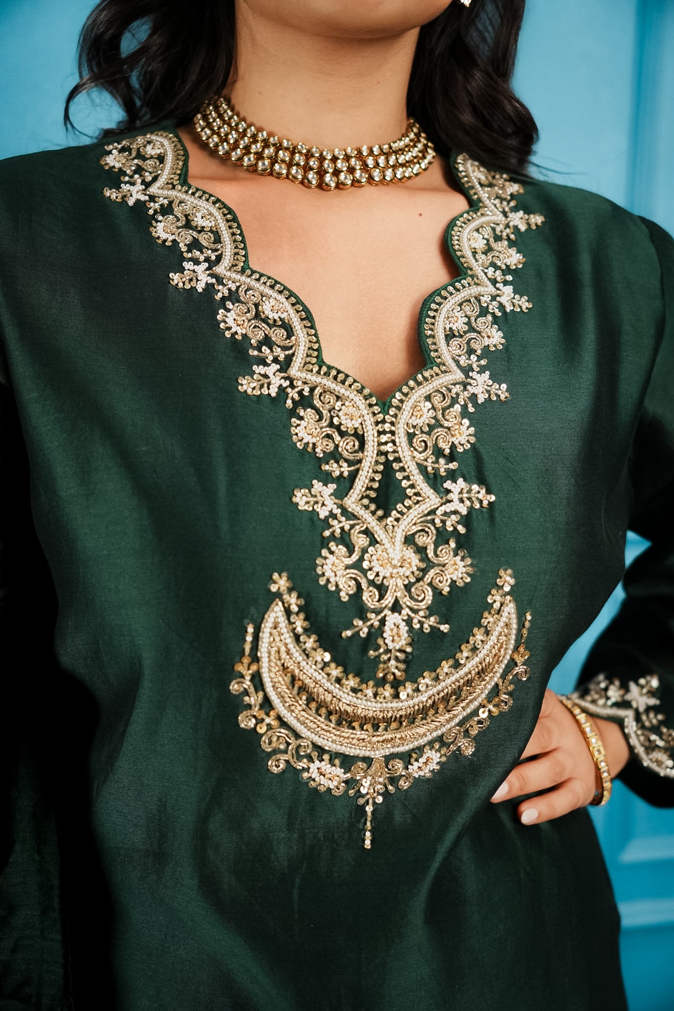 Bottle green embroidered farshi set