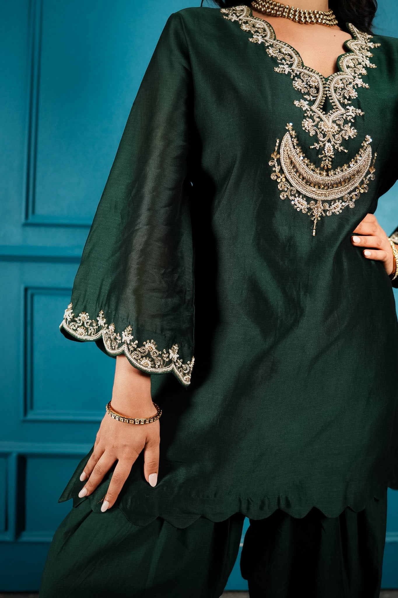 Bottle green embroidered farshi set
