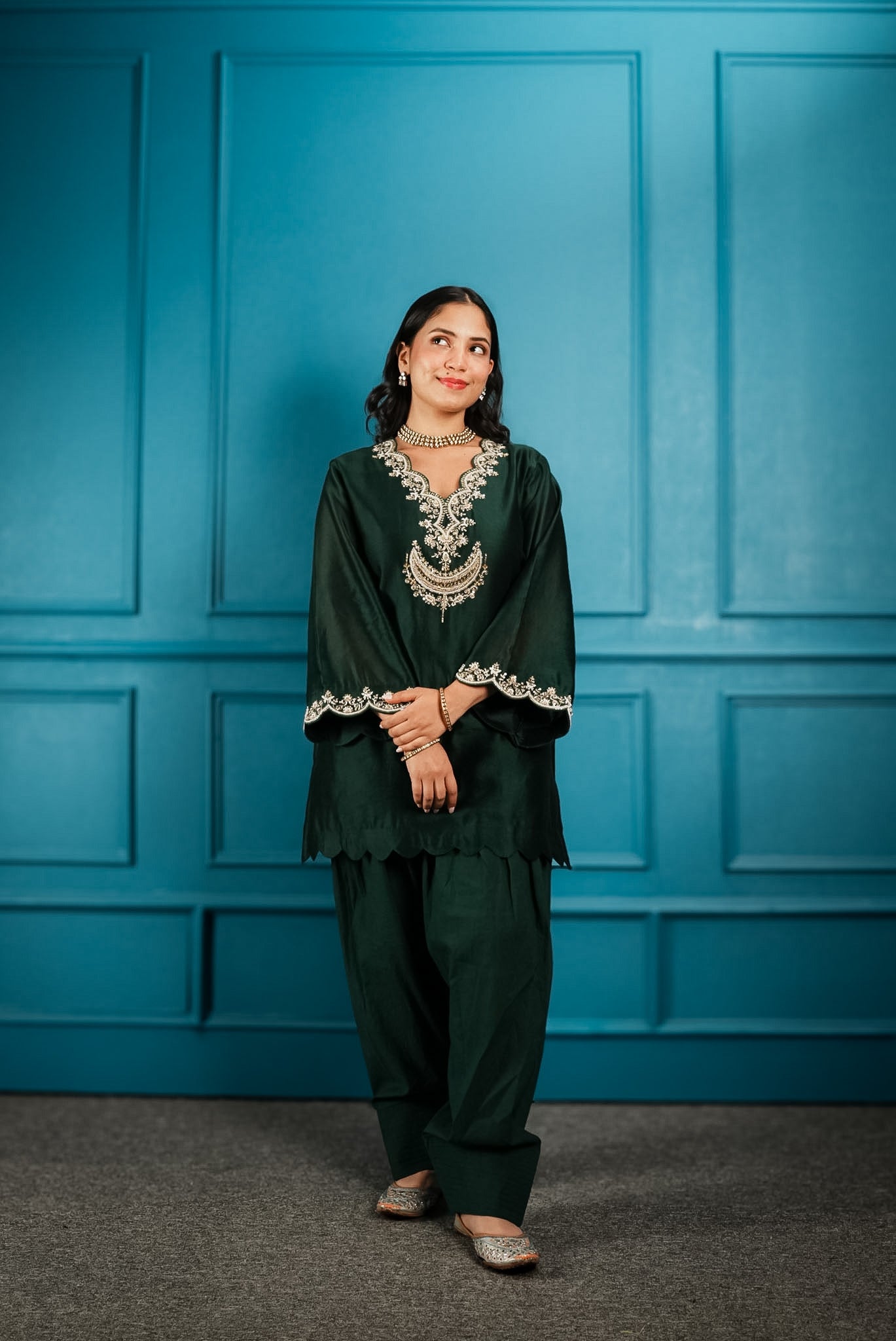 Bottle green embroidered farshi set