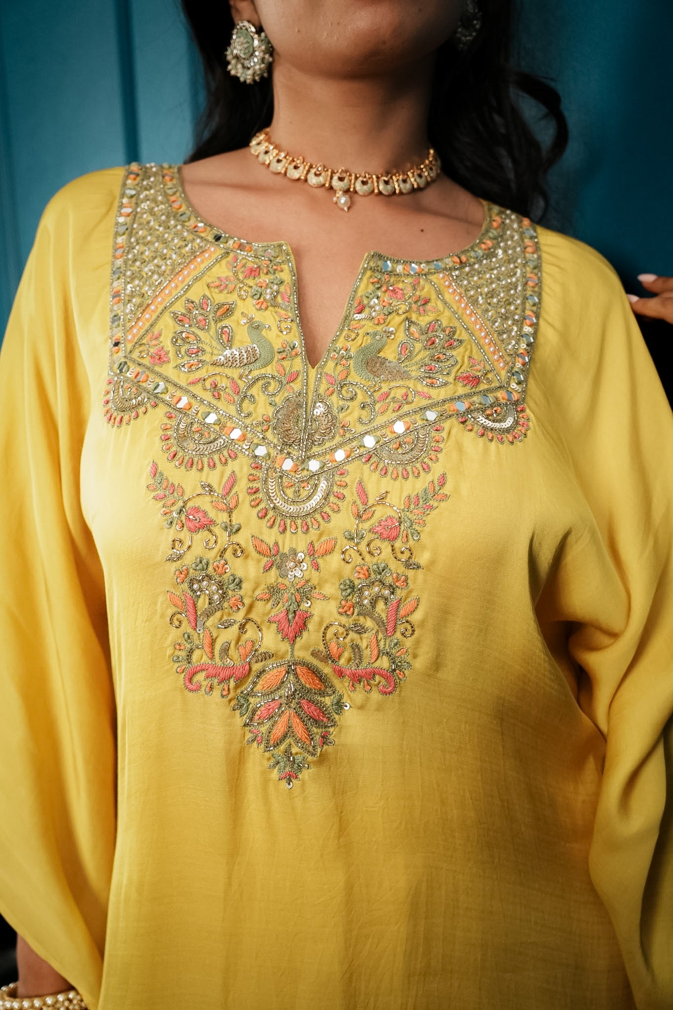 Yellow embroidered kaftan set