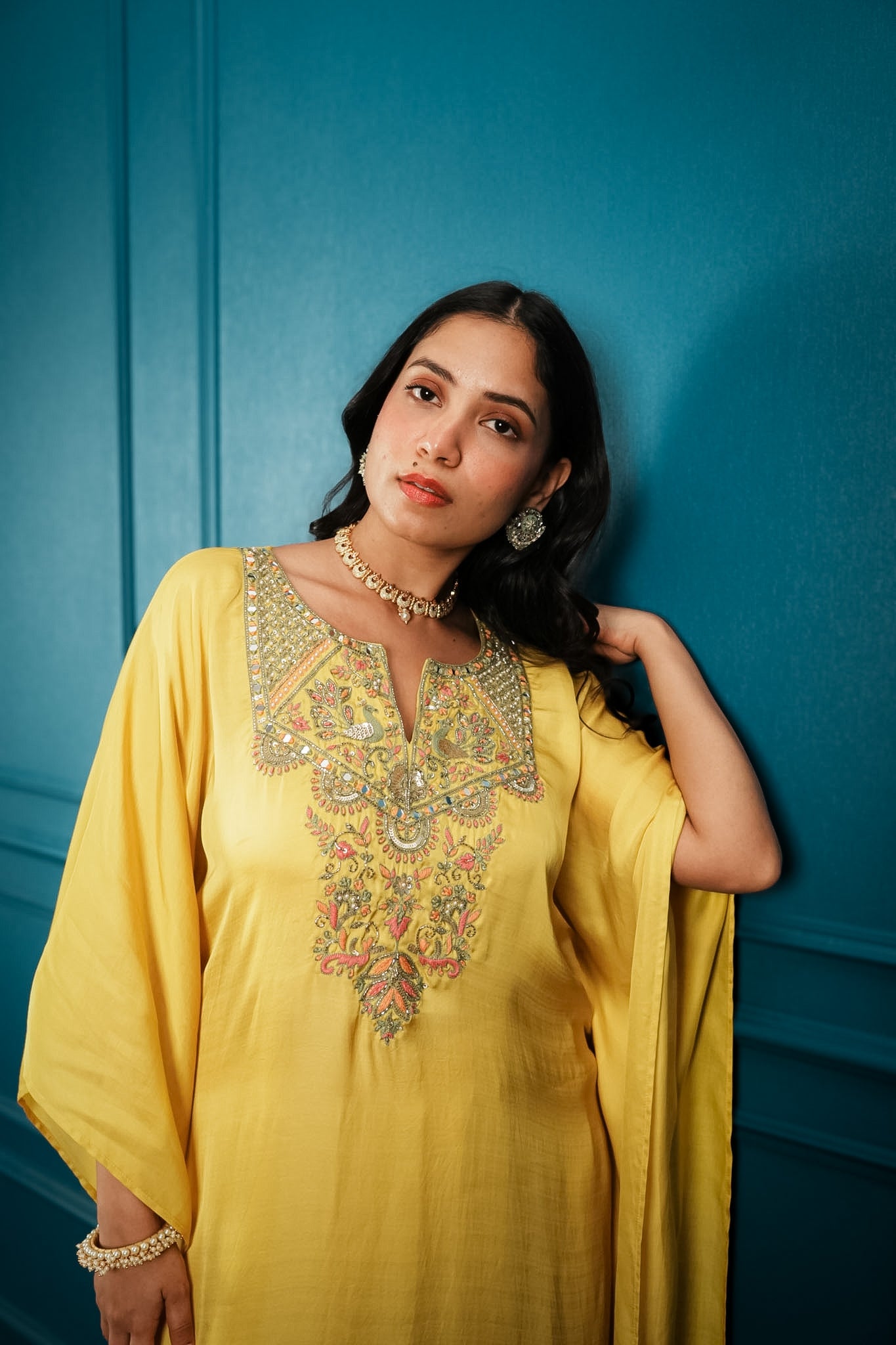 Yellow embroidered kaftan set