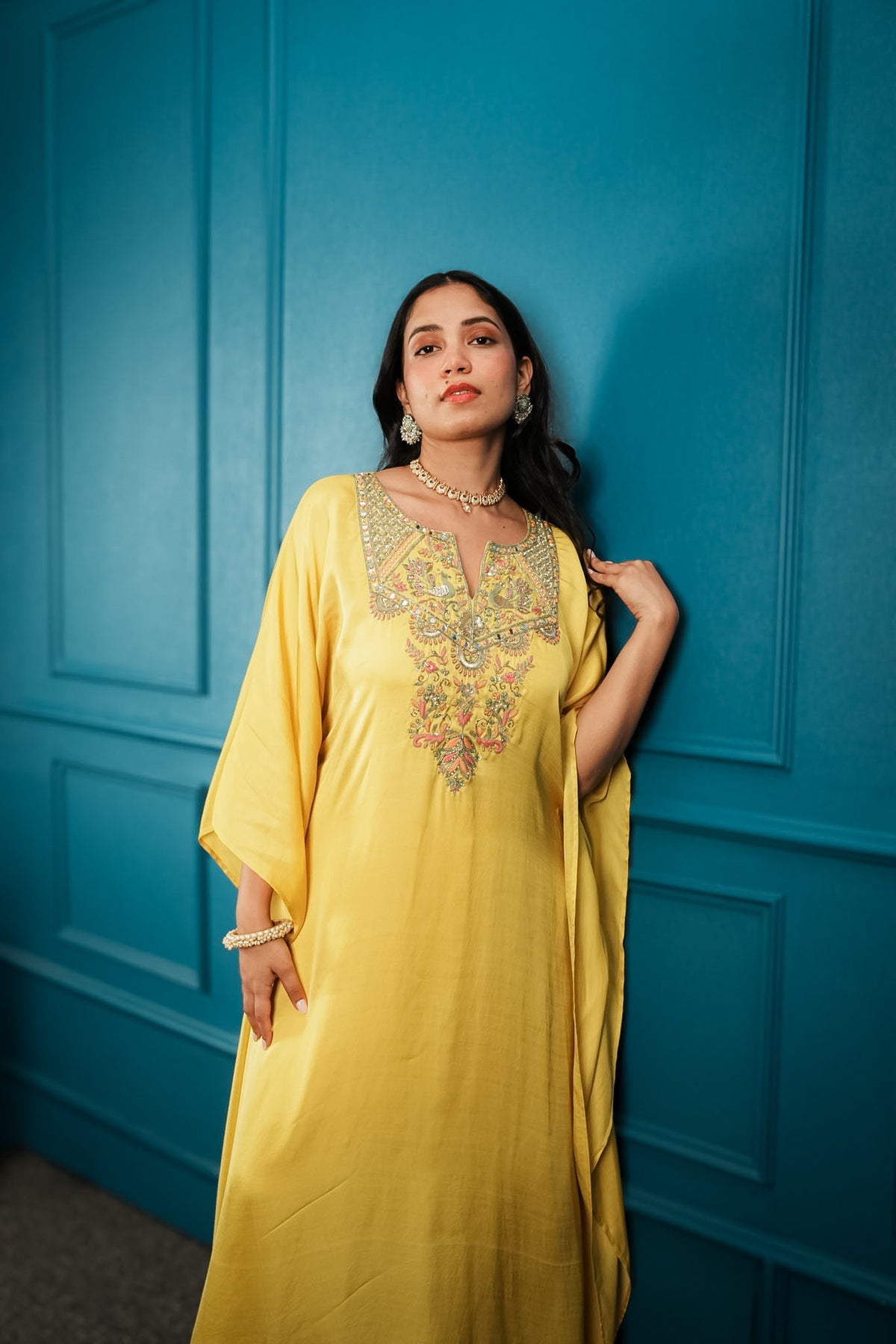 Yellow embroidered kaftan set
