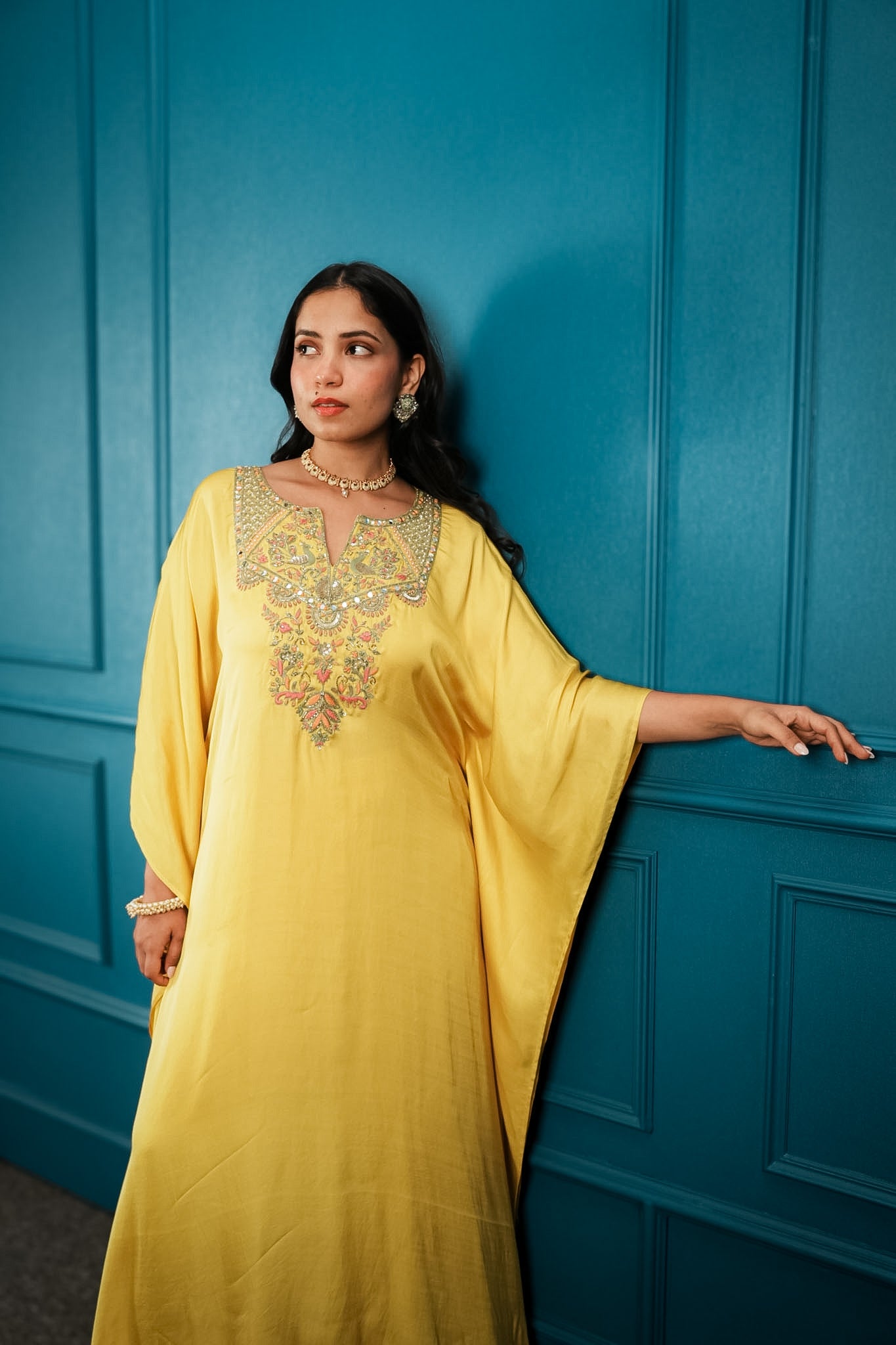 Yellow embroidered kaftan set