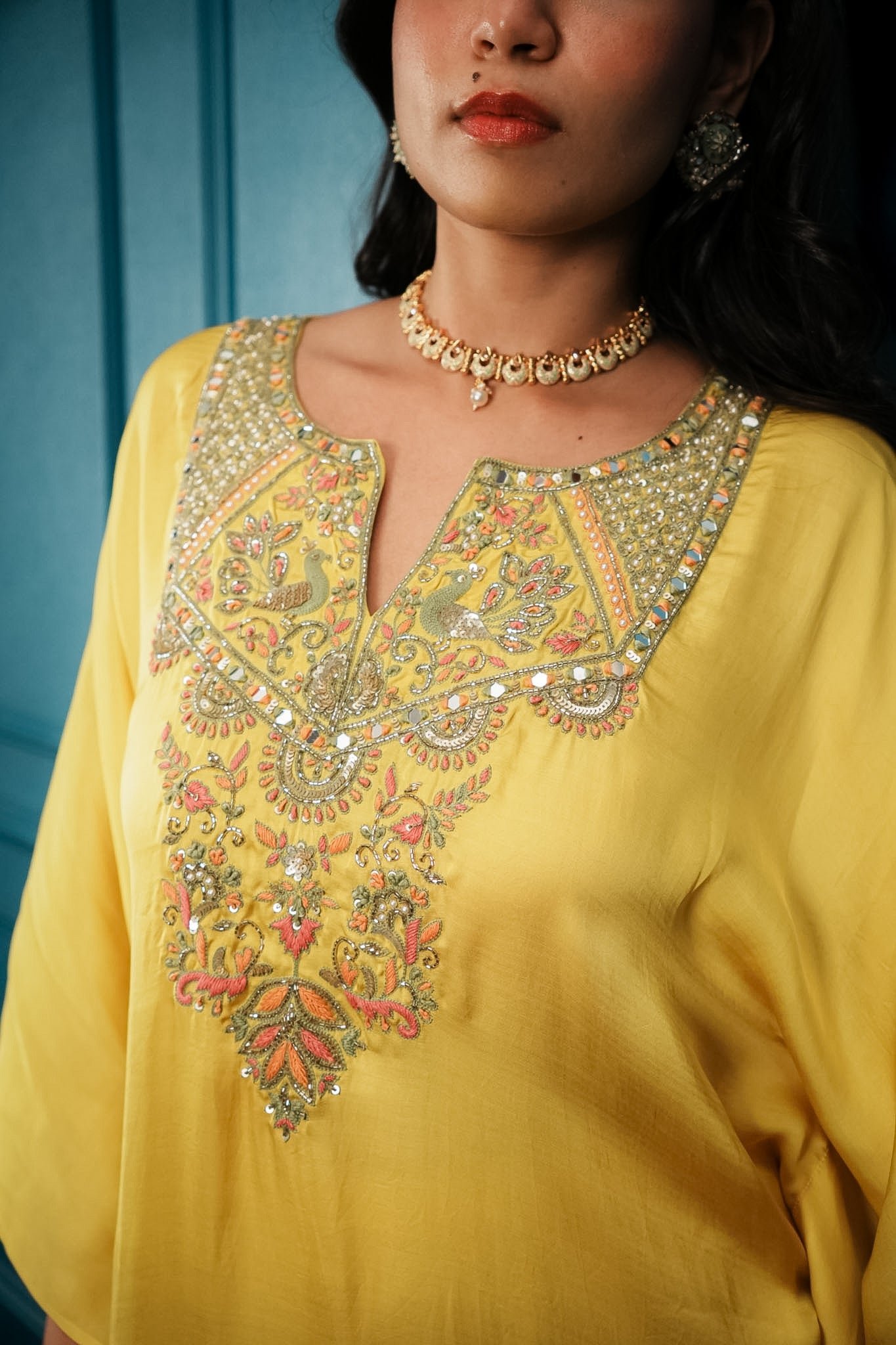 Yellow embroidered kaftan set