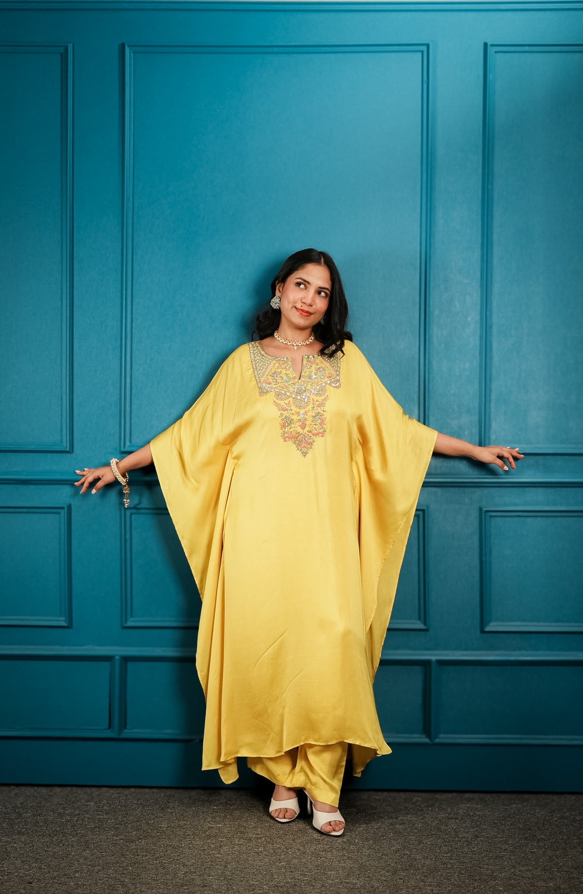 Yellow embroidered kaftan set