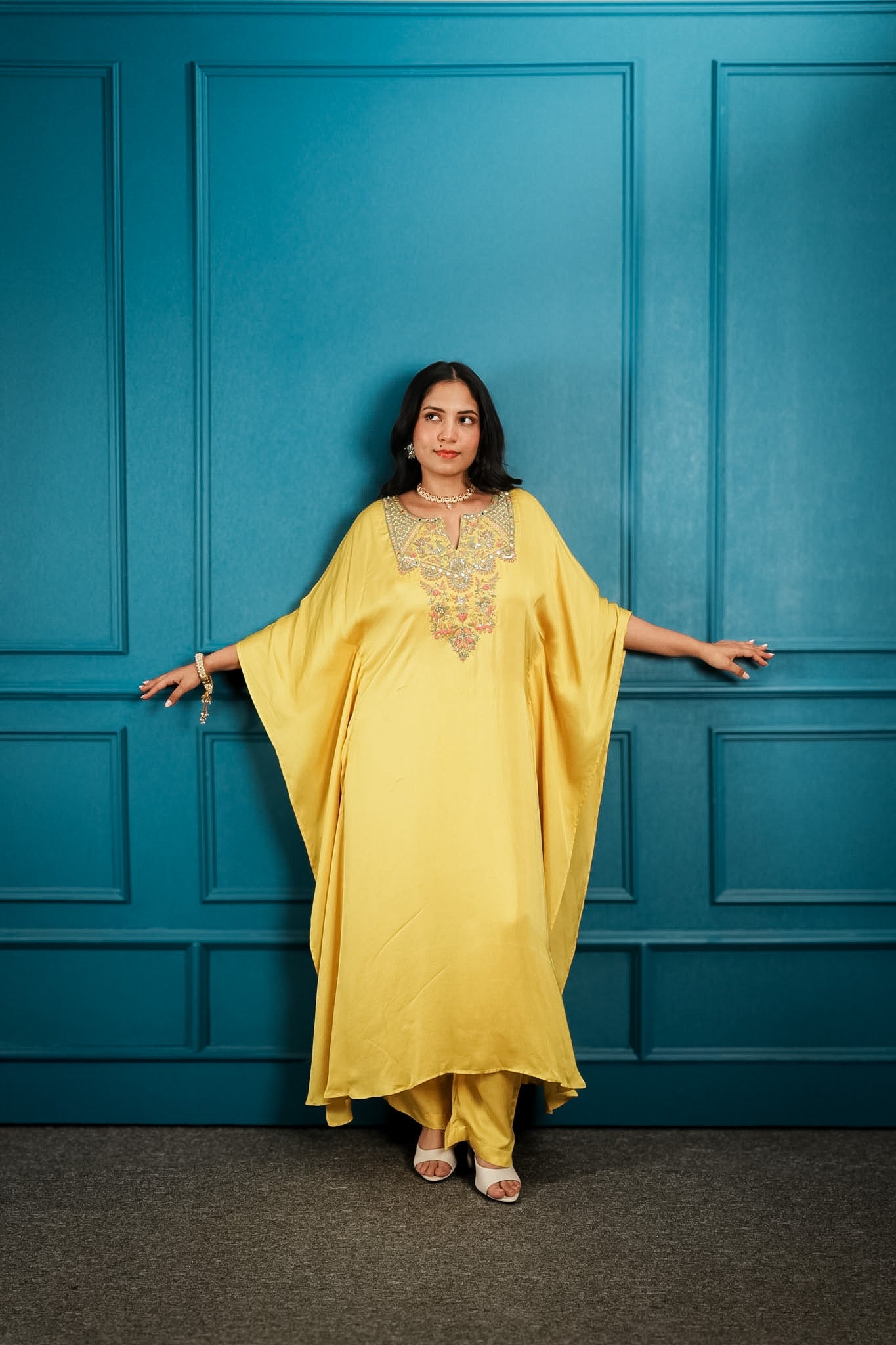 Yellow embroidered kaftan set