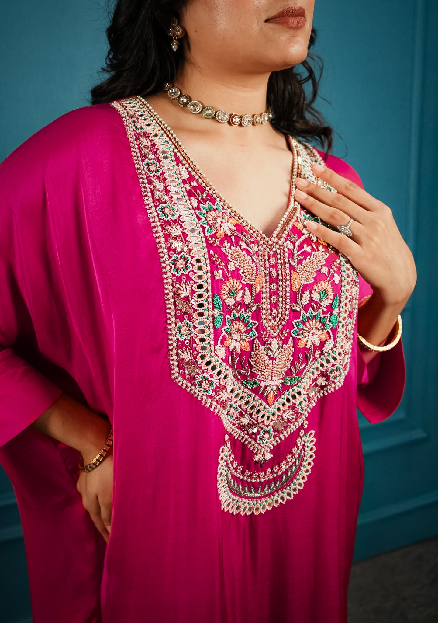 Hot pink embroidered kaftan set