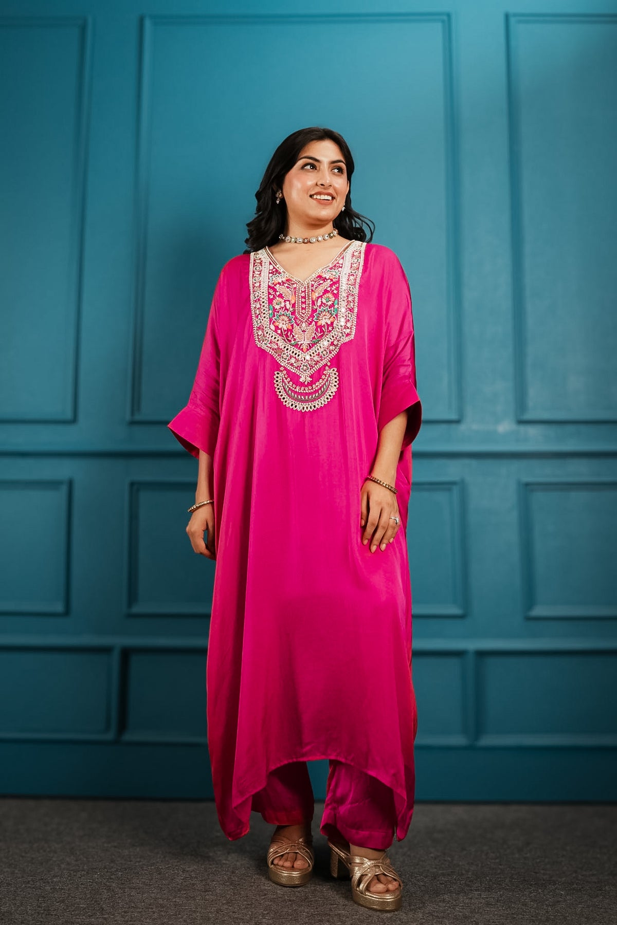 Hot pink embroidered kaftan set