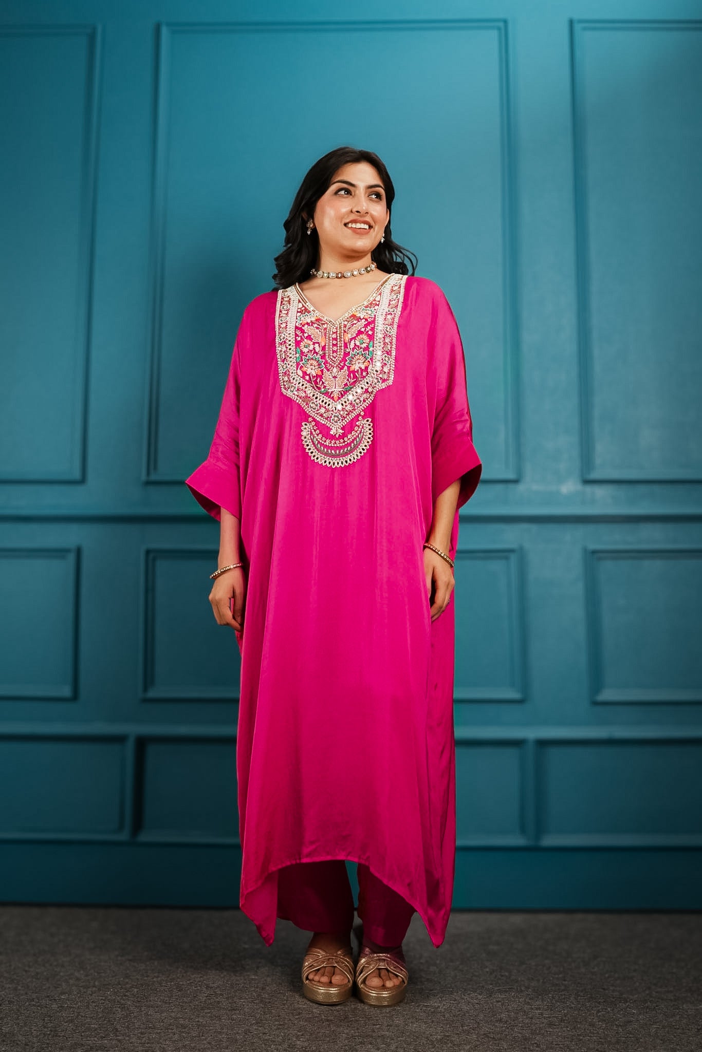 Hot pink embroidered kaftan set