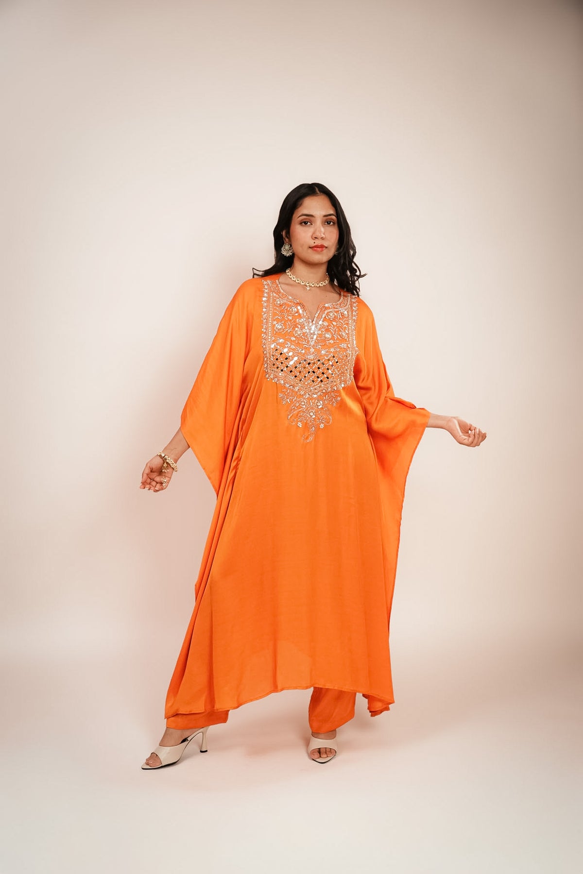 Orange embroidered kaftan set