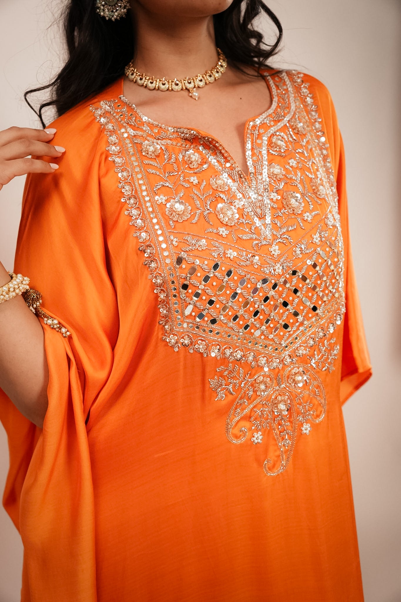 Orange embroidered kaftan set