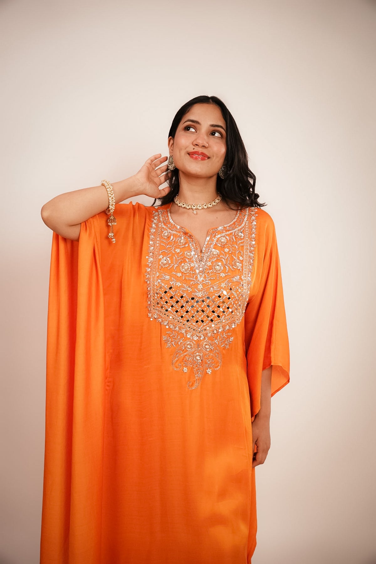 Orange embroidered kaftan set