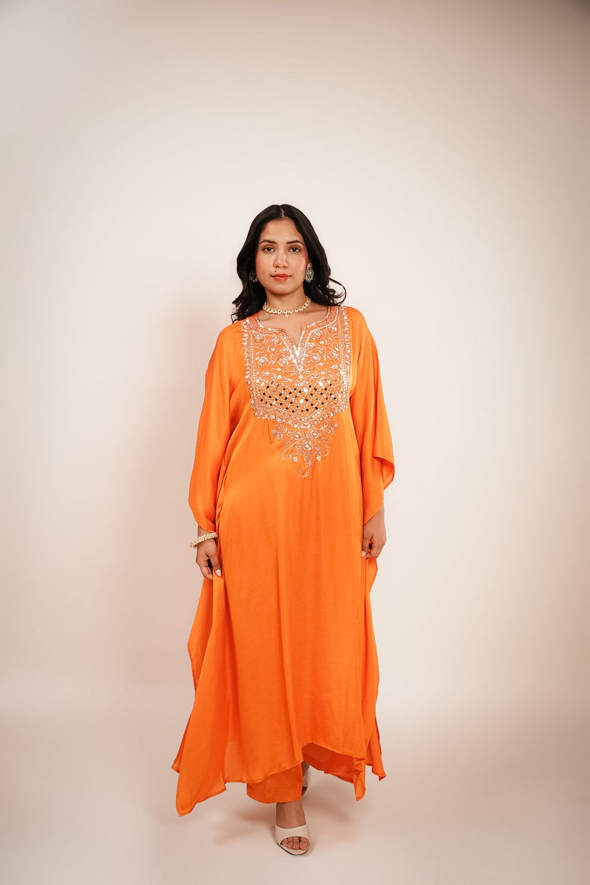 Orange embroidered kaftan set
