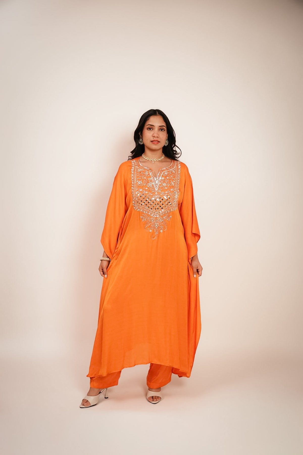 Orange embroidered kaftan set