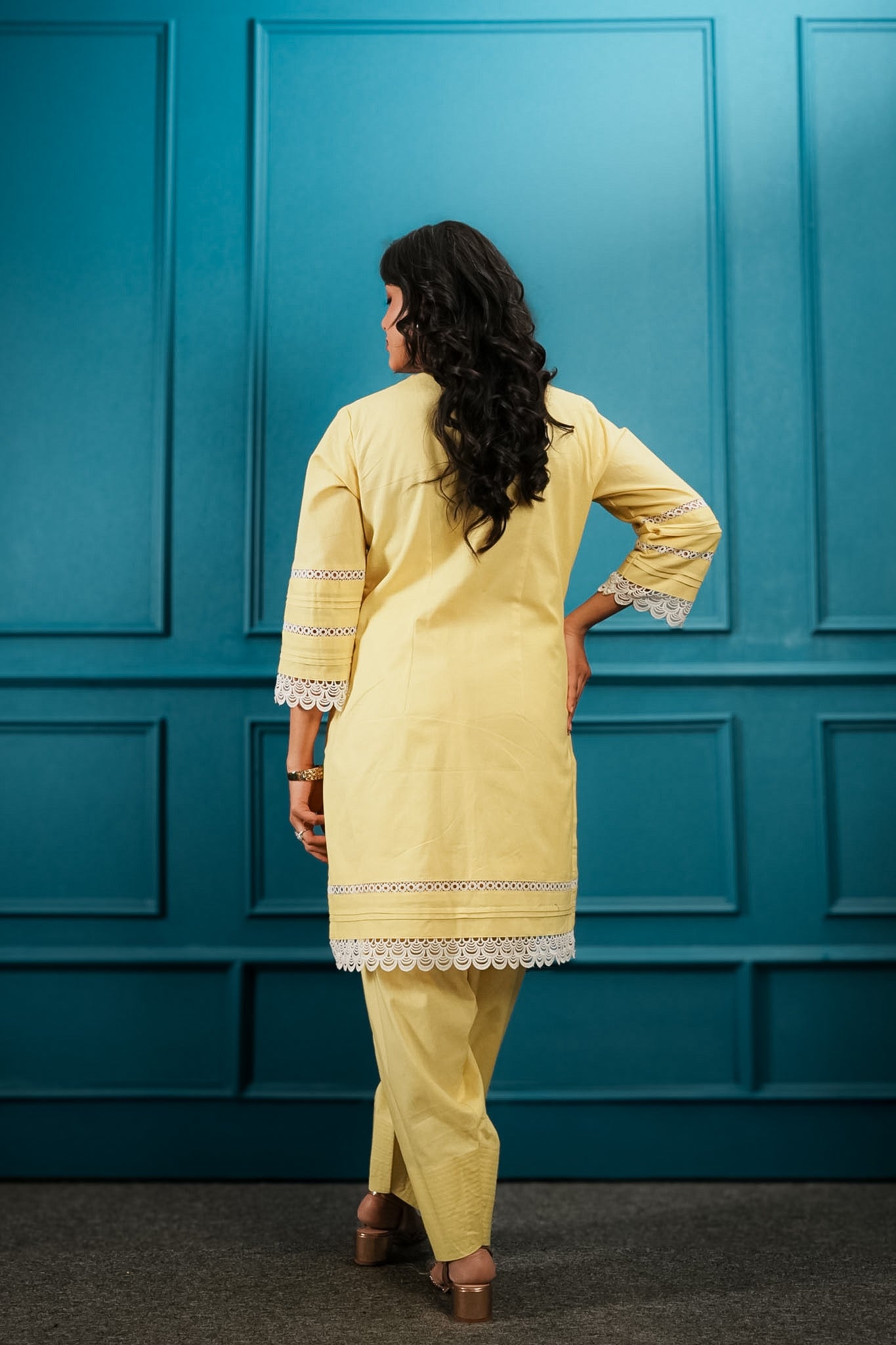 Yellow cutwork kurta set