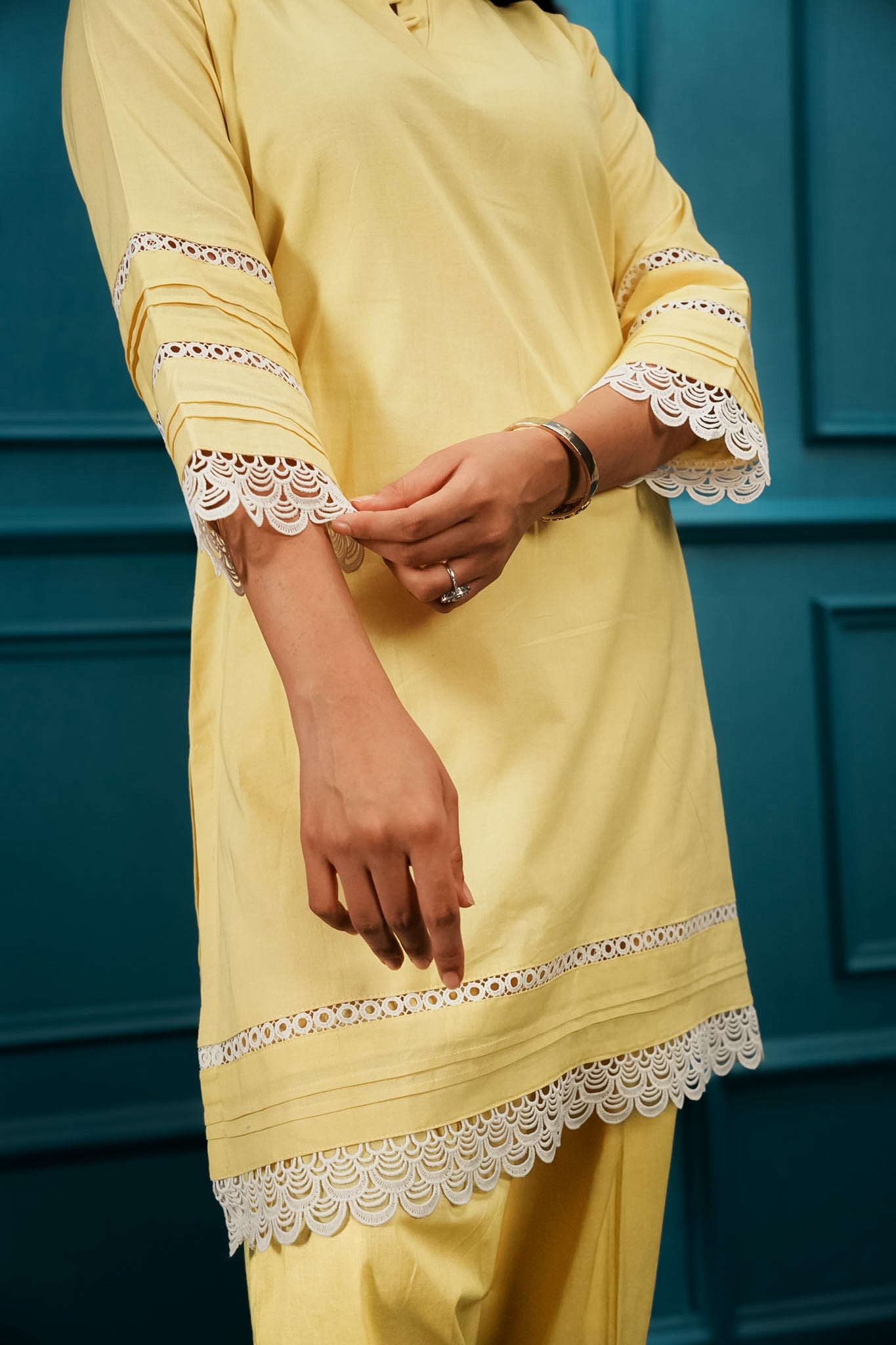 Yellow cutwork kurta set