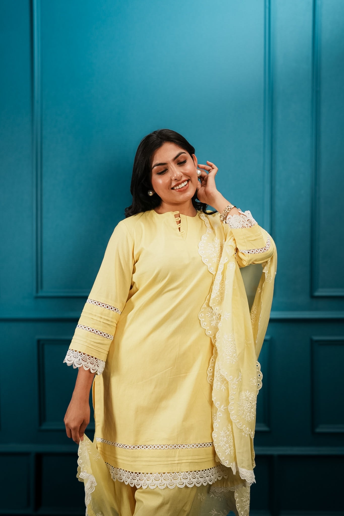 Yellow cutwork kurta set