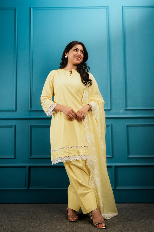 Yellow cutwork kurta set